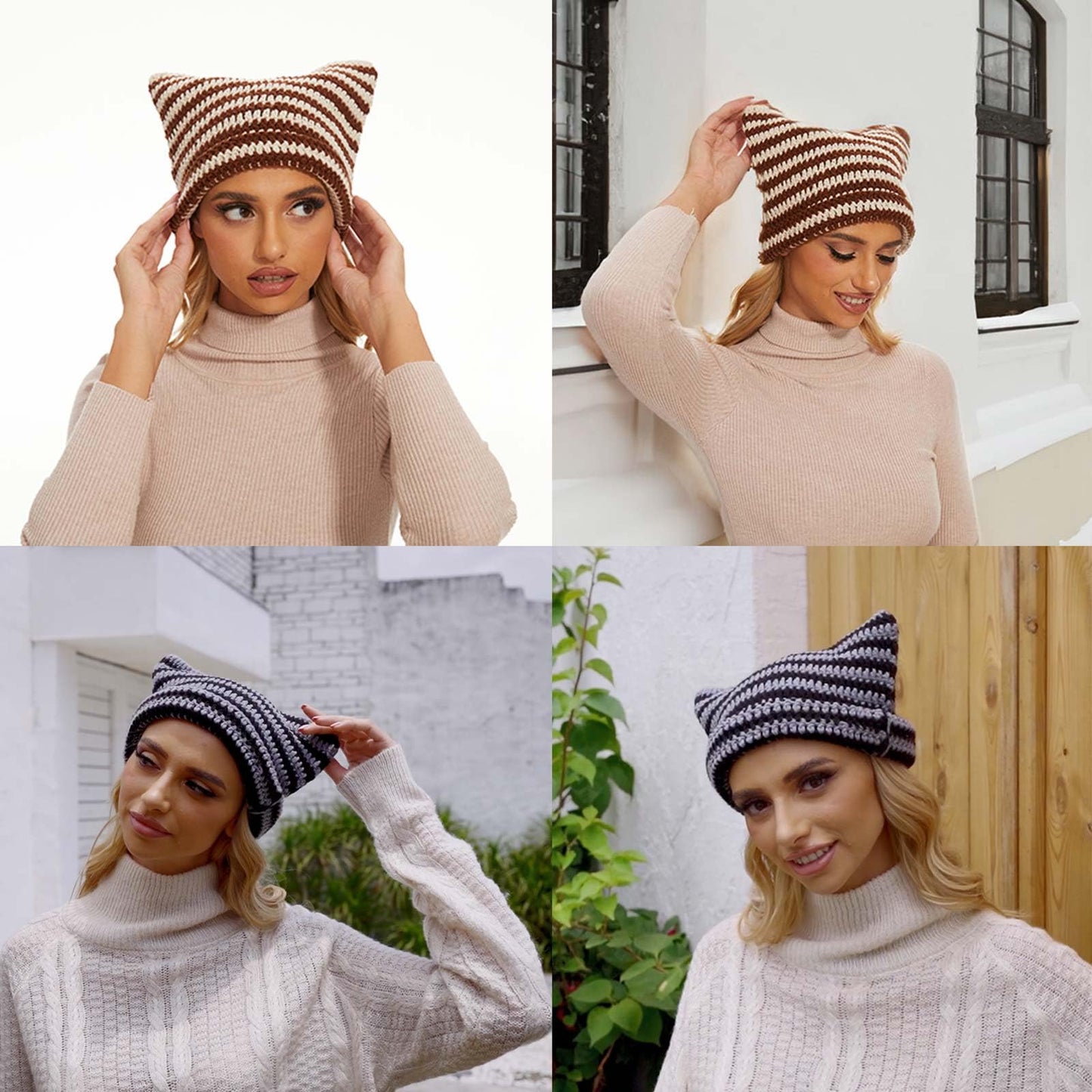 CATMICOO Y2k Beanie Knit Cat Ear Beanies Crochet Hats for Women Brown
