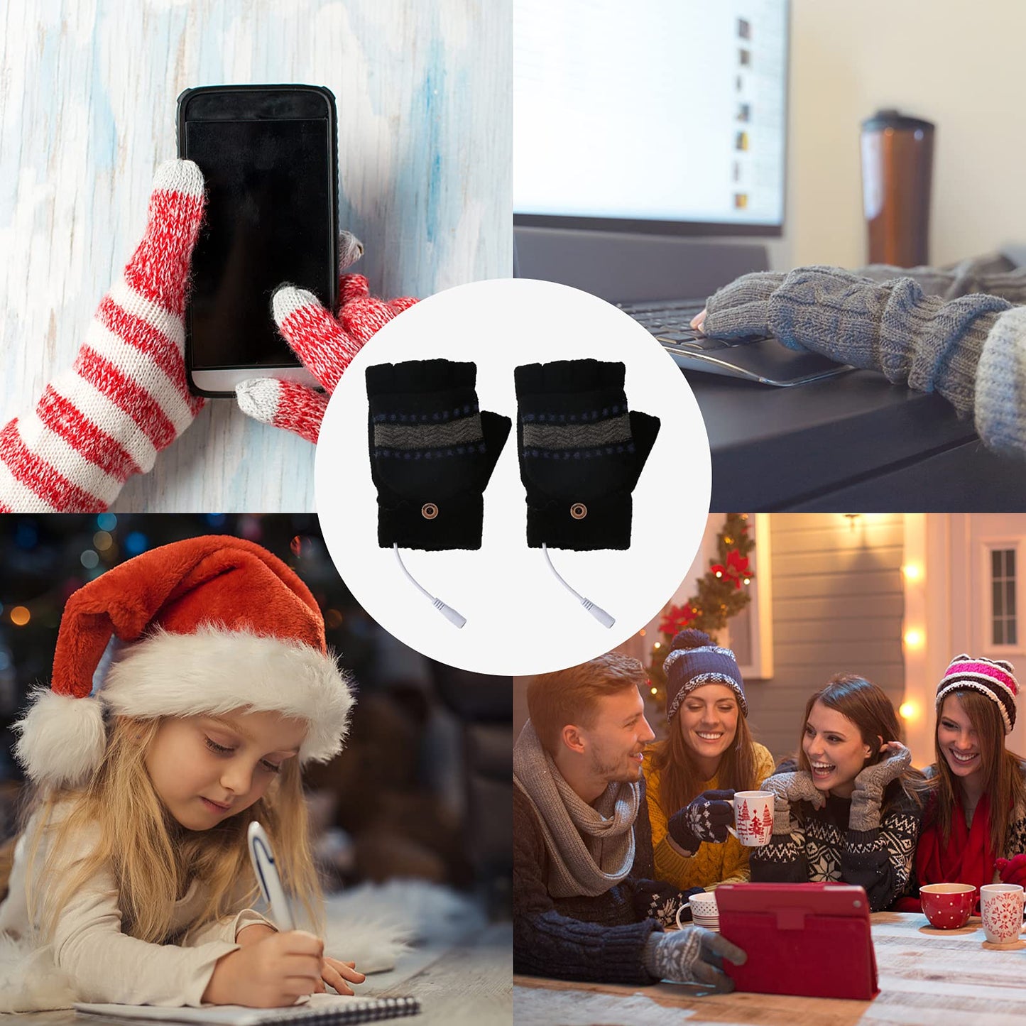 Yunnyp USB Heating Winter Gloves USB Heated Mittens Cashmere Gloves Knitting Hands Full& Half Heated Fingerless Heating Warmer for Women Men