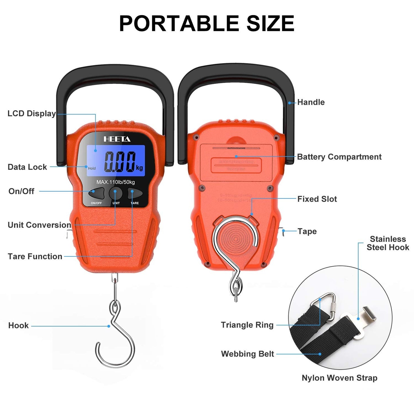 HEETA Fish Scale with Backlit LCD Display, Up to 110lb/50kg Digital Portable Hanging Fish Weight Scale with Hook & Measuring Tape for Home, Farm, Outdoor, Hunting, Fishing, 2 AAA Batteries Included