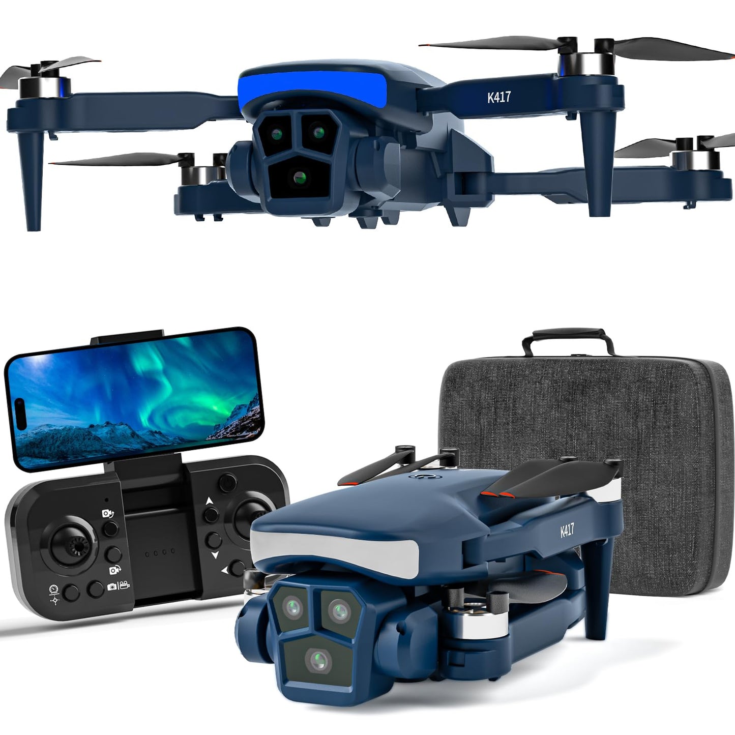 K417 Drone with 2 Cameras 1080P HD 90°Electric Adjustable FPV Drone Transmission,Blue LED Light Foldable Lightweight Remote Control Optical Flow Positioning Altitude Hold 3D Flip,for Adults Beginner