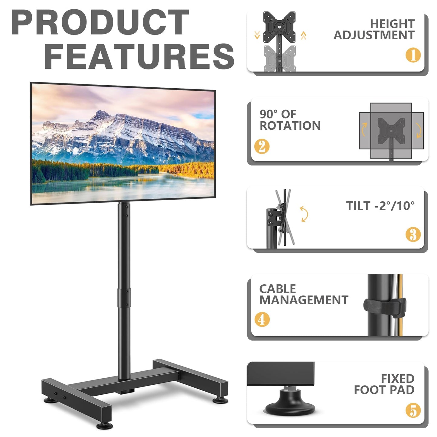 TVON TV Floor Stand for 13-50 inch LCD LED Flat/Curved Panel Screen TVs up to 44 lbs, Height Adjustable TV Stand Mount with VESA 200x200, Portable TV Stand for Bedroom, Dorm Room, Office