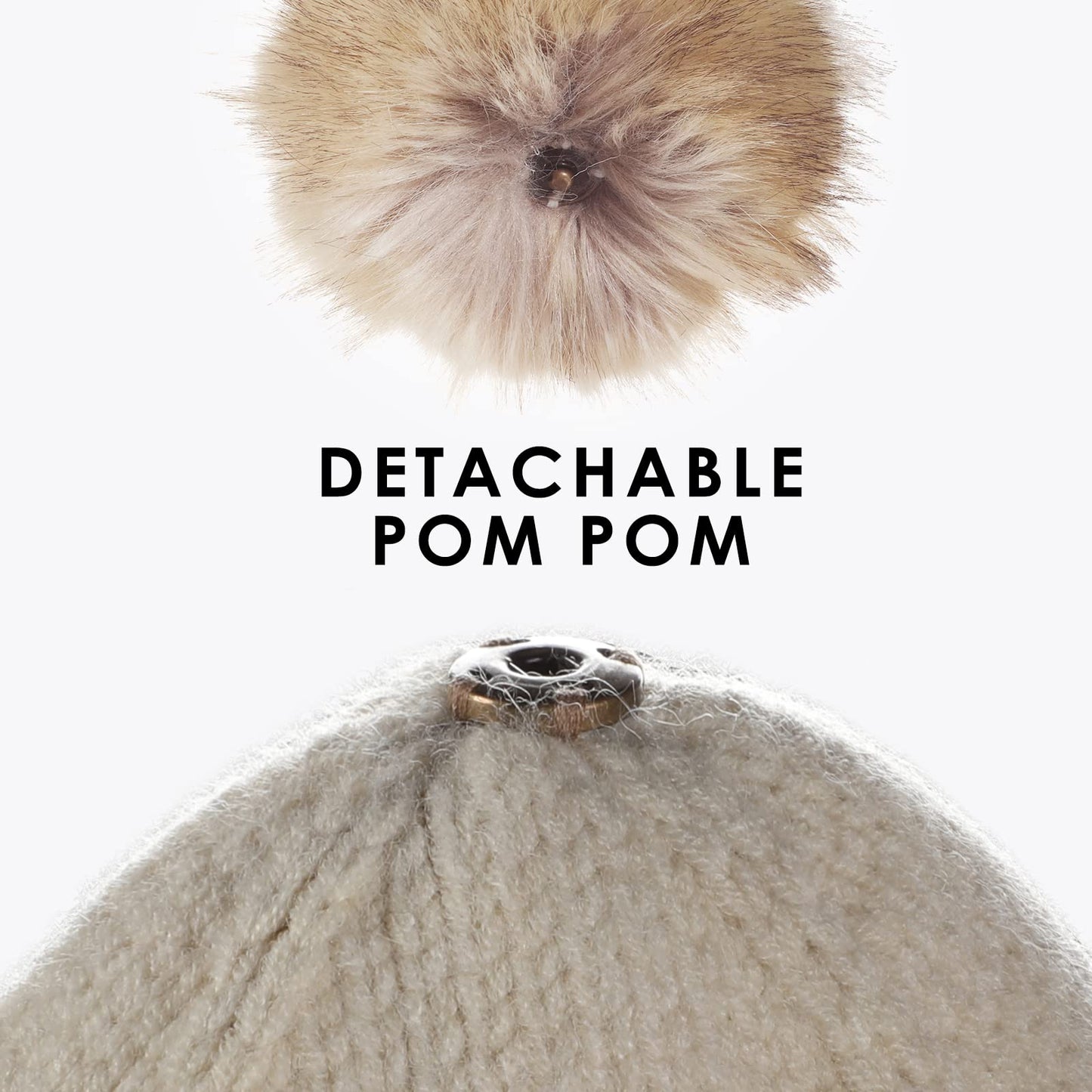 Achiou Winter Women Beanie Hat, Warm Cable Knit Beanies for Women, 3 Color Knitted Hat Skull Cap Faux Fur Pom Fleece Lined Brown