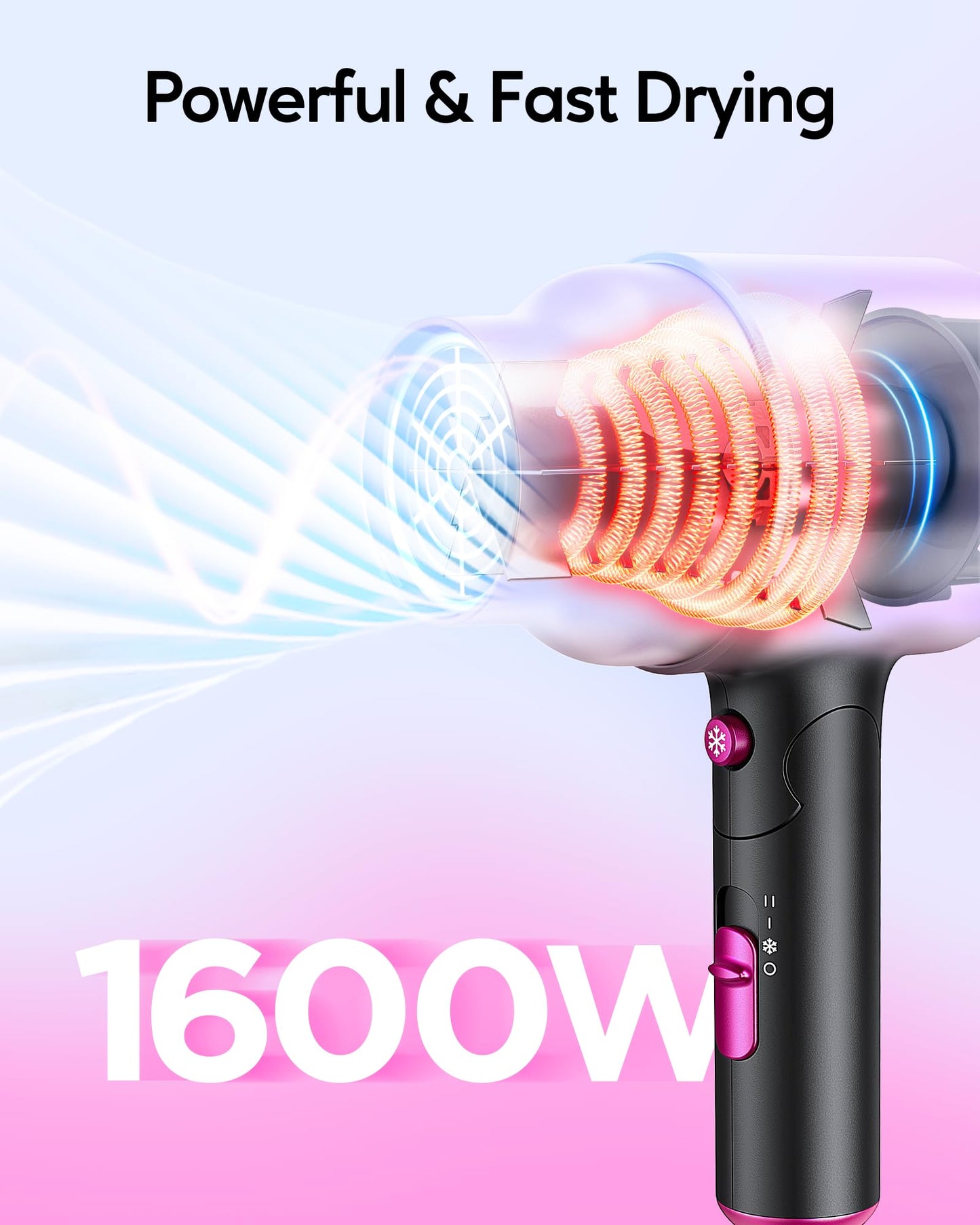 Wavytalk Hair Dryer with Diffuser, Foldable Hair Blow Dryer, 1600W Lightweight Diffuser Hair Dryer for Curly Hair, Black