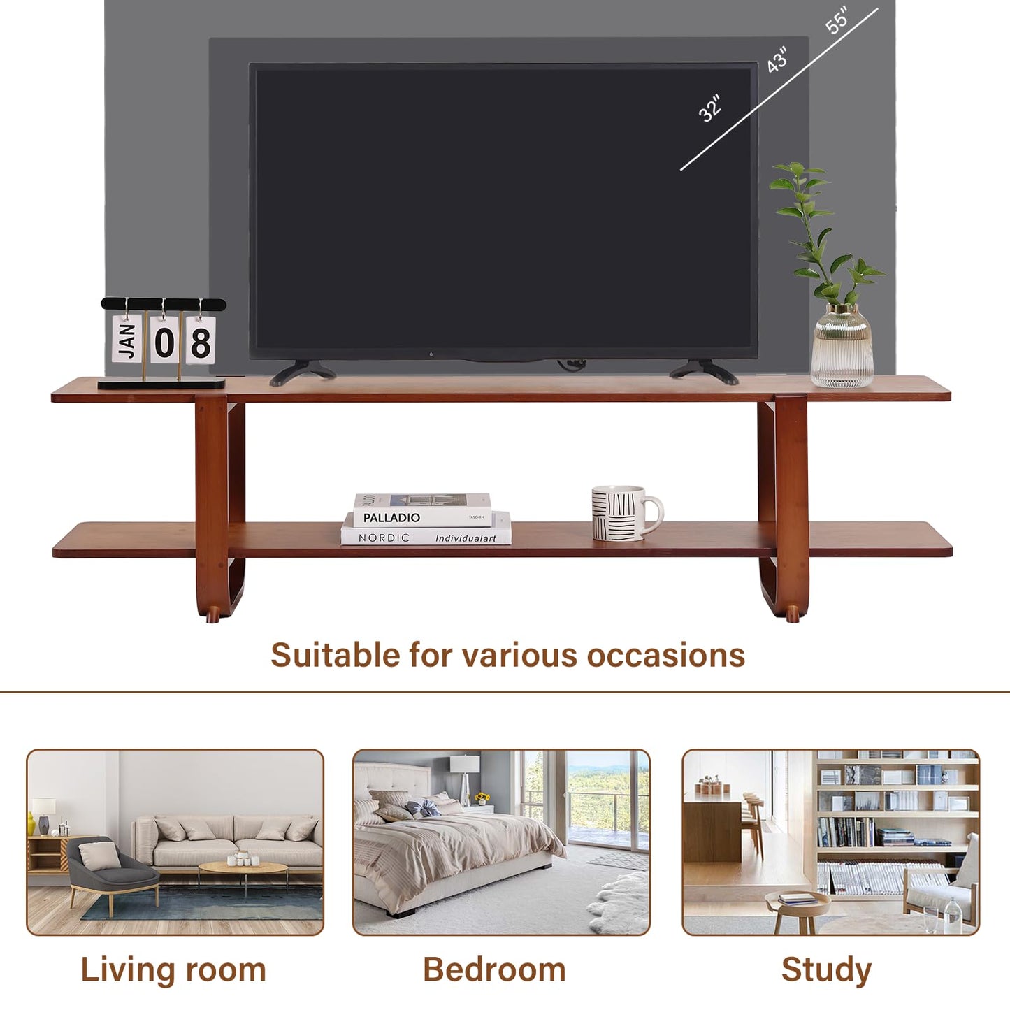 Tiita TV Stand with Storage for TVs up to 65'', Bamboo TV Console Entertainment Center with 2 Open Shelf, Mid Century Modern Media Console for Living Room, Bedroom, Walnut