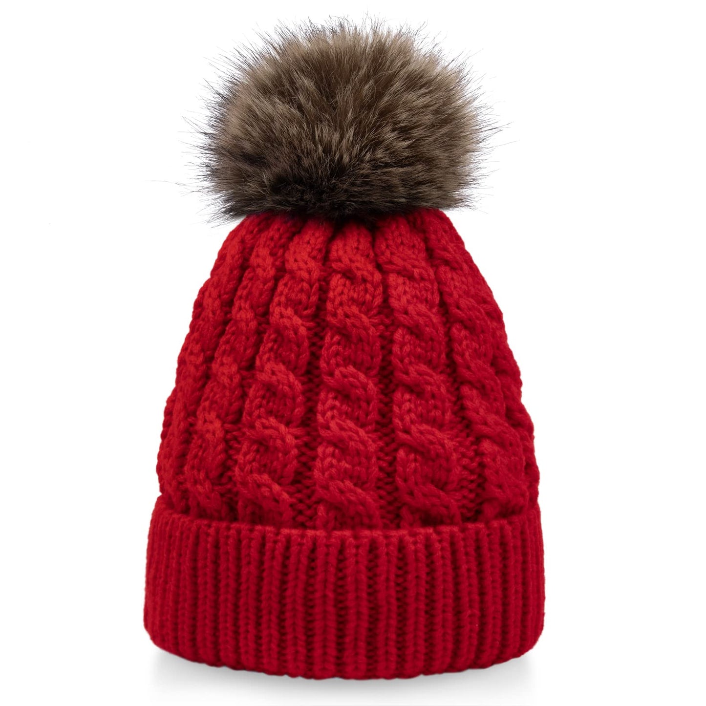 Simplicity Slouchy Beanie Womens Red Hat for Women Pom Pom Beanie Winter Hand Knit Faux Fur Red Beanie Hat
