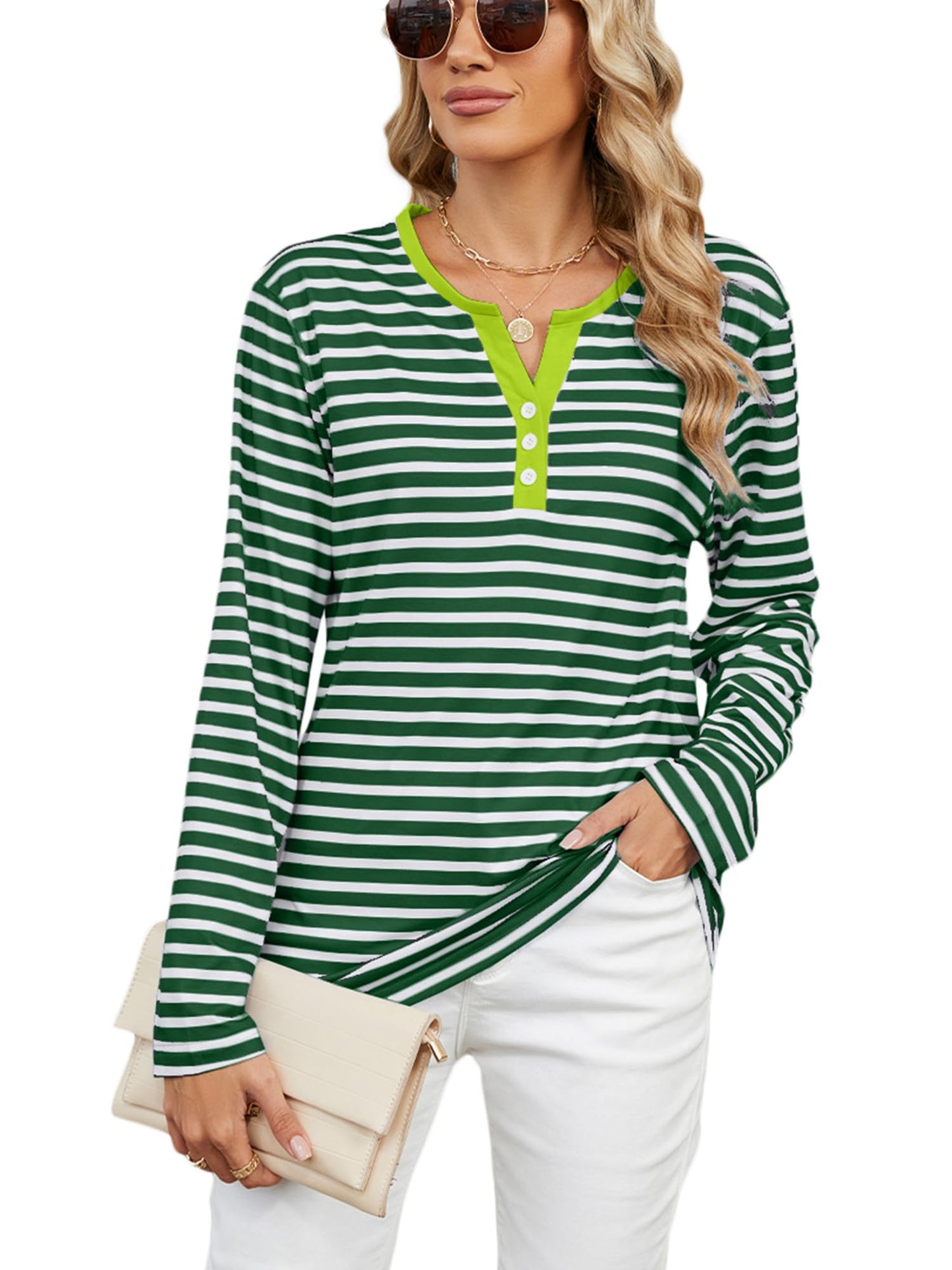 NWFZCCP Womens Striped Crewneck Sweatshirts, Color Block Hoodie Tops Plain Sweatshirt 2025 Spring(Green,L)