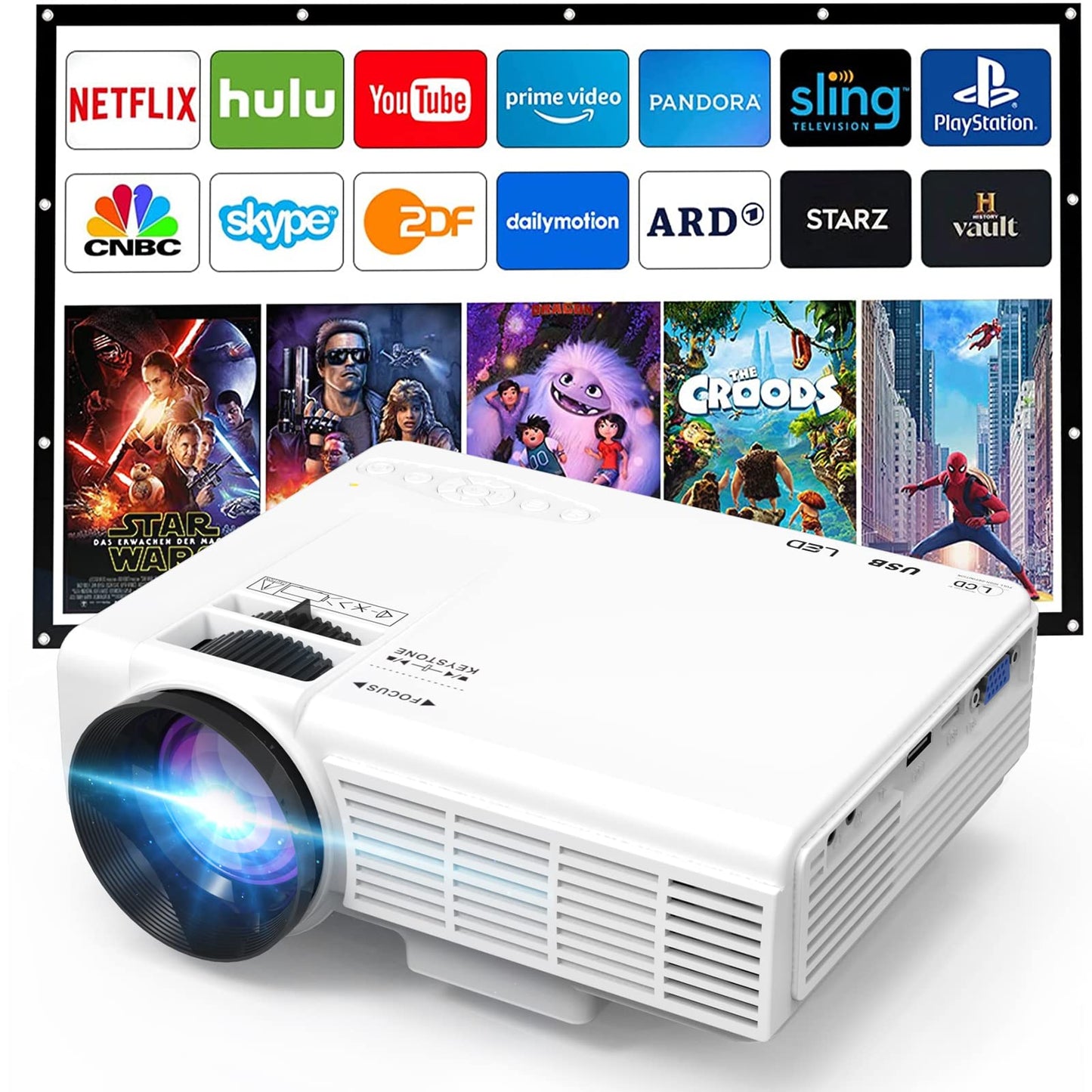 Mini Projector, 1080P Full HD Supported, Portable Movie Home Theater Projector Compatible with TV Stick Smartphone & Tablet PC HDMI USB AV TF