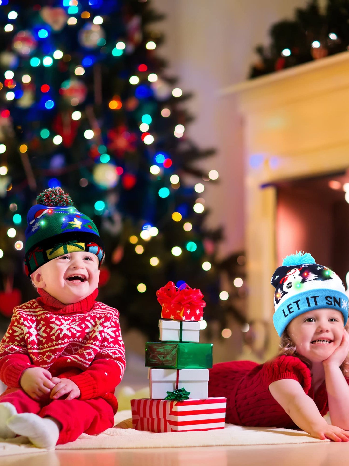 4 Pieces Led Christmas Knitted Hat Light up Xmas Beanie Cap Novelty Unisex Led Winter Snow Hat with 6 Colorful Led