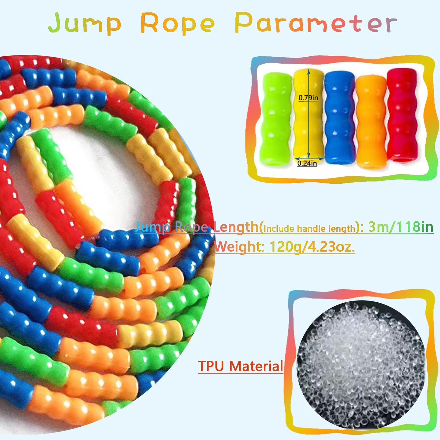 TYSISKNO Rainbow Soft Beaded Jump Ropes for Kids, Jump Rope for Kids Girls and Boys,Adjustable Skipping Rope, Tangle-Free Segmented Rope for Kid and Women Men Adults Exercise, Keeping Fit, Training -