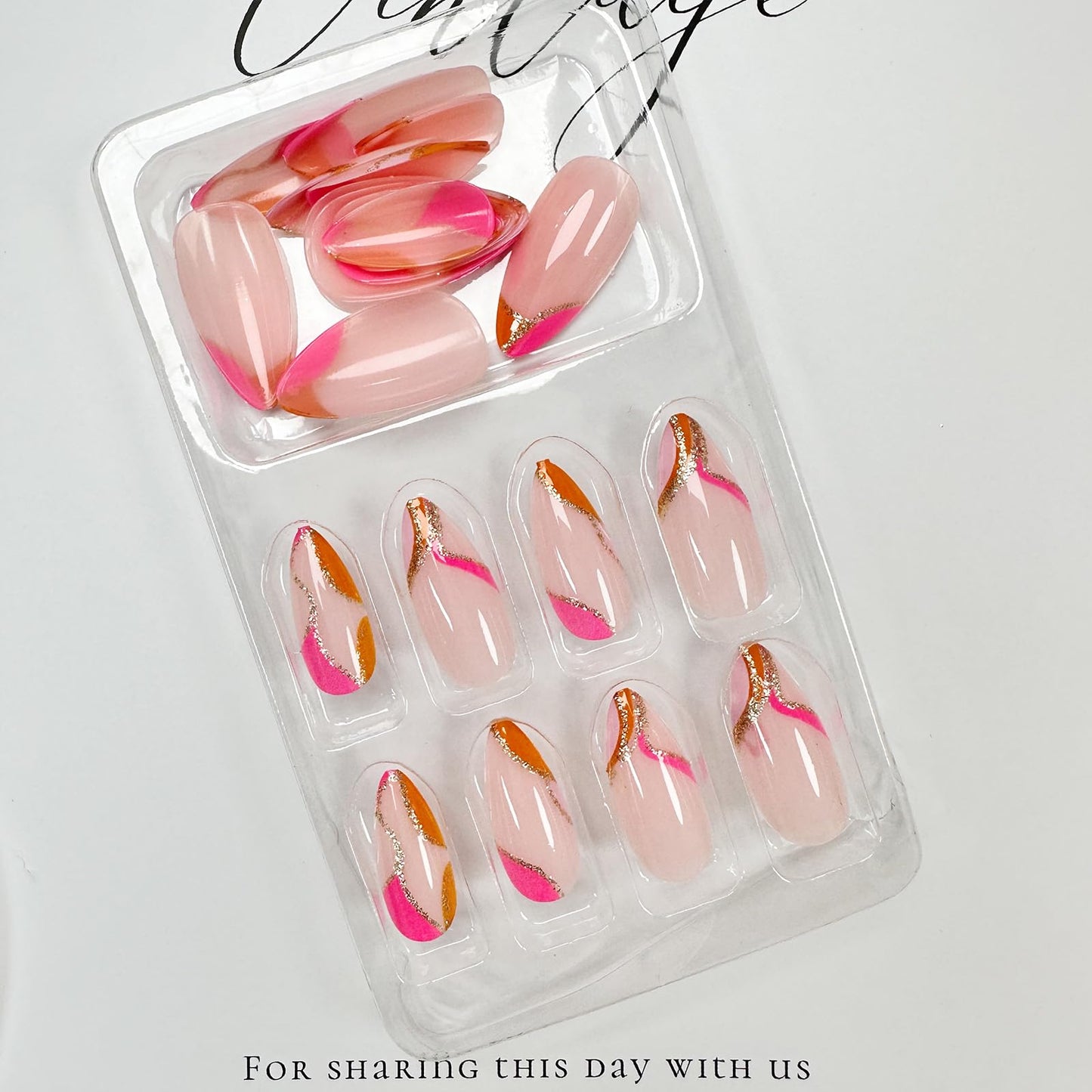 Orange Press on Nails Medium Almond Fake Nails False Nails with Design Gold Glitter Swirl Wave Acrylic Glue on Nails Artificial Glossy Stick on Nails for Women Girls Manicure Decoration 24Pcs