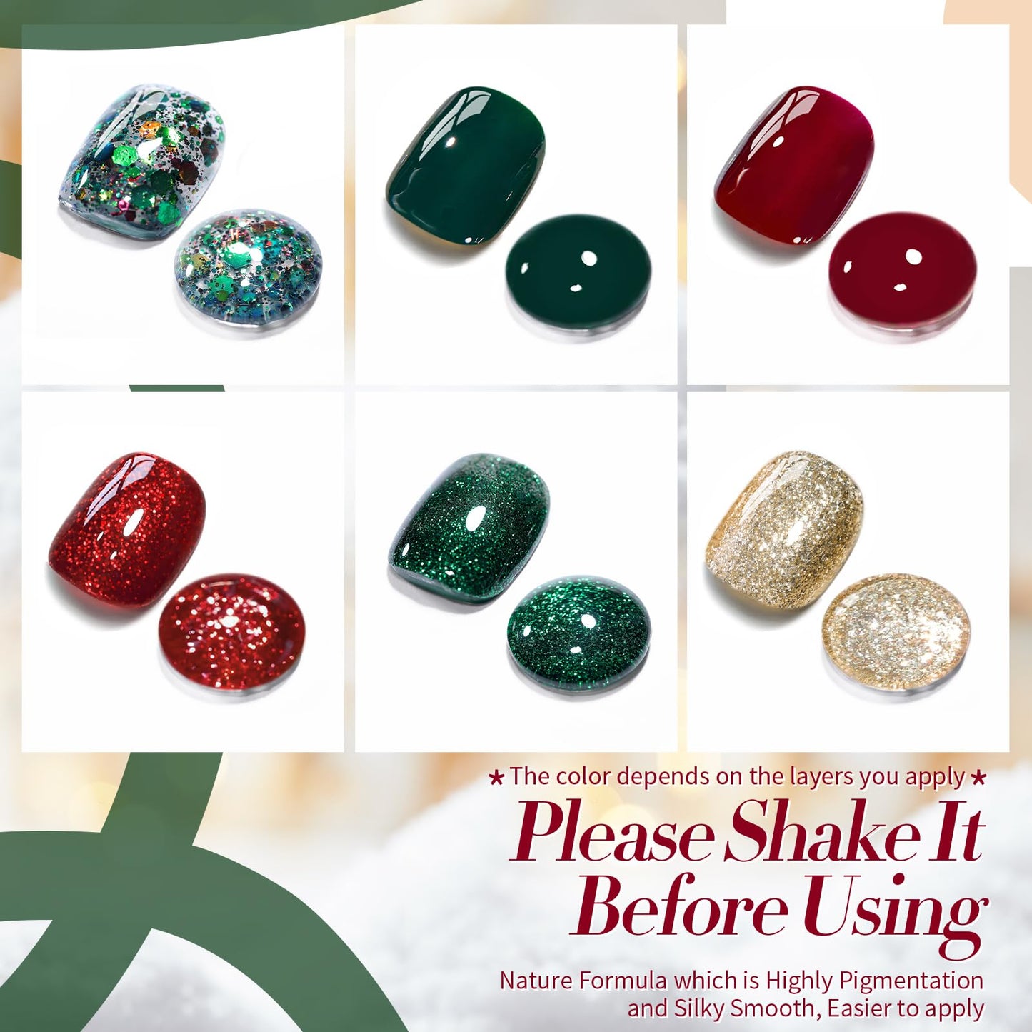 Born Pretty Gel Nail Polish Set 6 Colors,Spring Summer Green Red Gold Glitter Colos Gel Polish Kit Nail Art Manicure Design DIY Home Salon Collection Gift