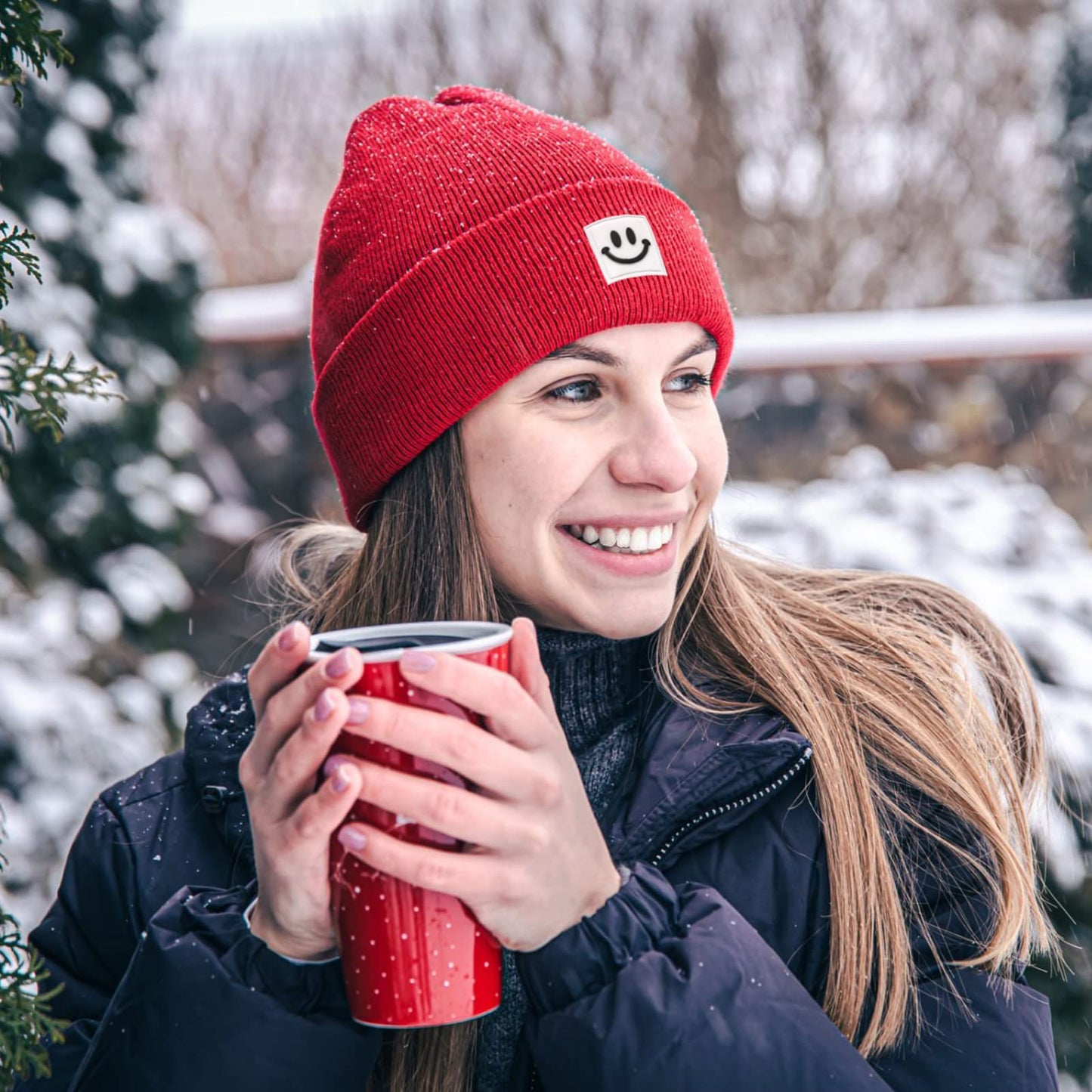 lycycse Beanie Hats for Women Men Knit Warm Winter Hat with Smile Face Unisex Soft Cuffed Acrylic Beanies Ski Hat Skull Cap Burgundy