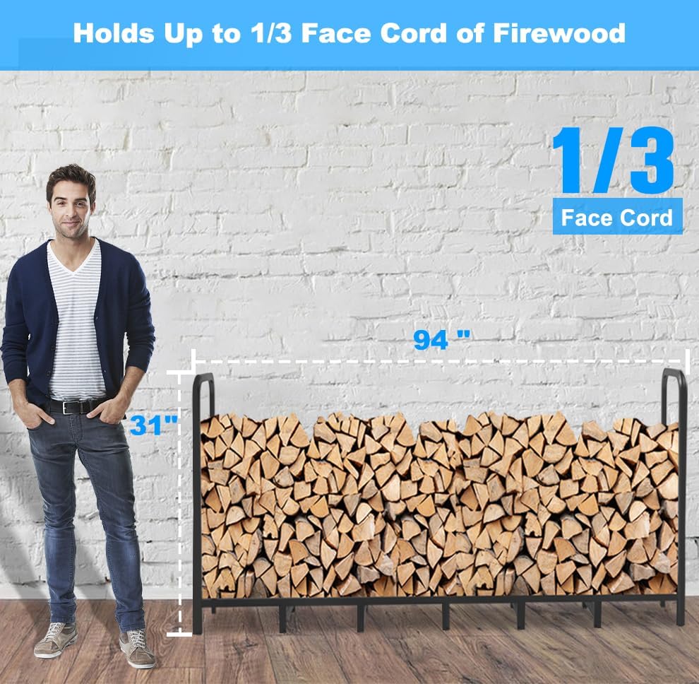 8ft Firewood Rack Holder, Adjustable Heavy Duty Fire Log Stacker Stand for Fireplace, Outdoor Indoor Metal Wood Pile Storage Organizer, Patio Logs Stand tool, Black
