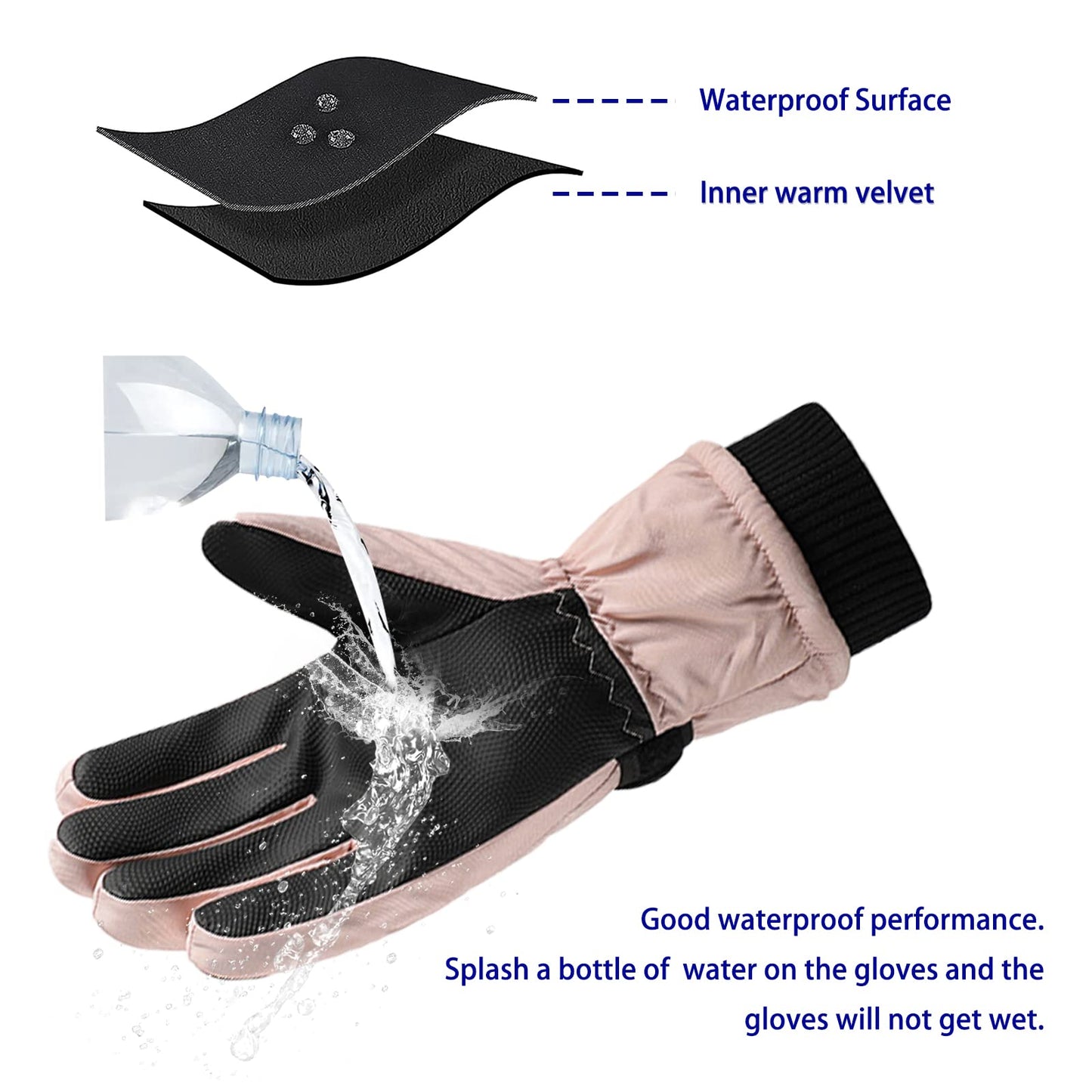 Andiker Women Winter Ski Gloves, Waterproof Touchscreen Anti-Slip Snowboard Gloves for Skiing Running and Cycling (Pink Black)
