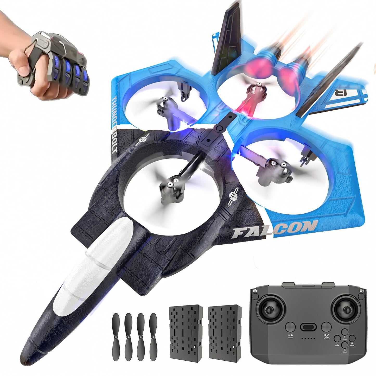 BEZGAR RC Airplane, 2.4GHZ 6-axis Gyro Remote Control Airplane, Gesture Control RC Helicopter, 360° Flip Fighter Jet Toy, Toys for Ages 8-13 with Colorful LED Navigation Lights Blue