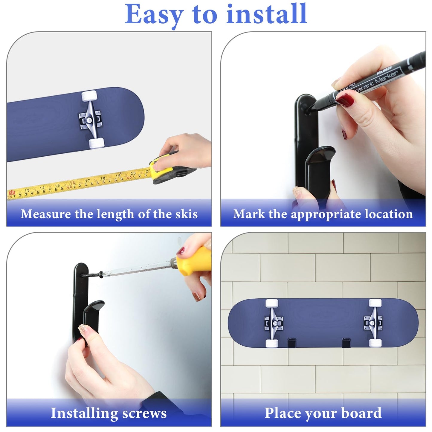 ZWIN 4Pcs Horizontal Snowboard Wall Mount Clips, Horizontal Snowboard Wall Rack Hanger Holders Storage Skateboard Wall Mount Display Rack for Room Garage Business