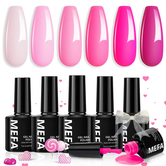 MEFA Pink Gel Nail Polish Set 6 Colors, Hot Pink Shades Spring Neon Light Bright Magenta Electric Tones Craze Nail Art Design at Home DIY Easter Decorations Manicure Kit Gifts for Women