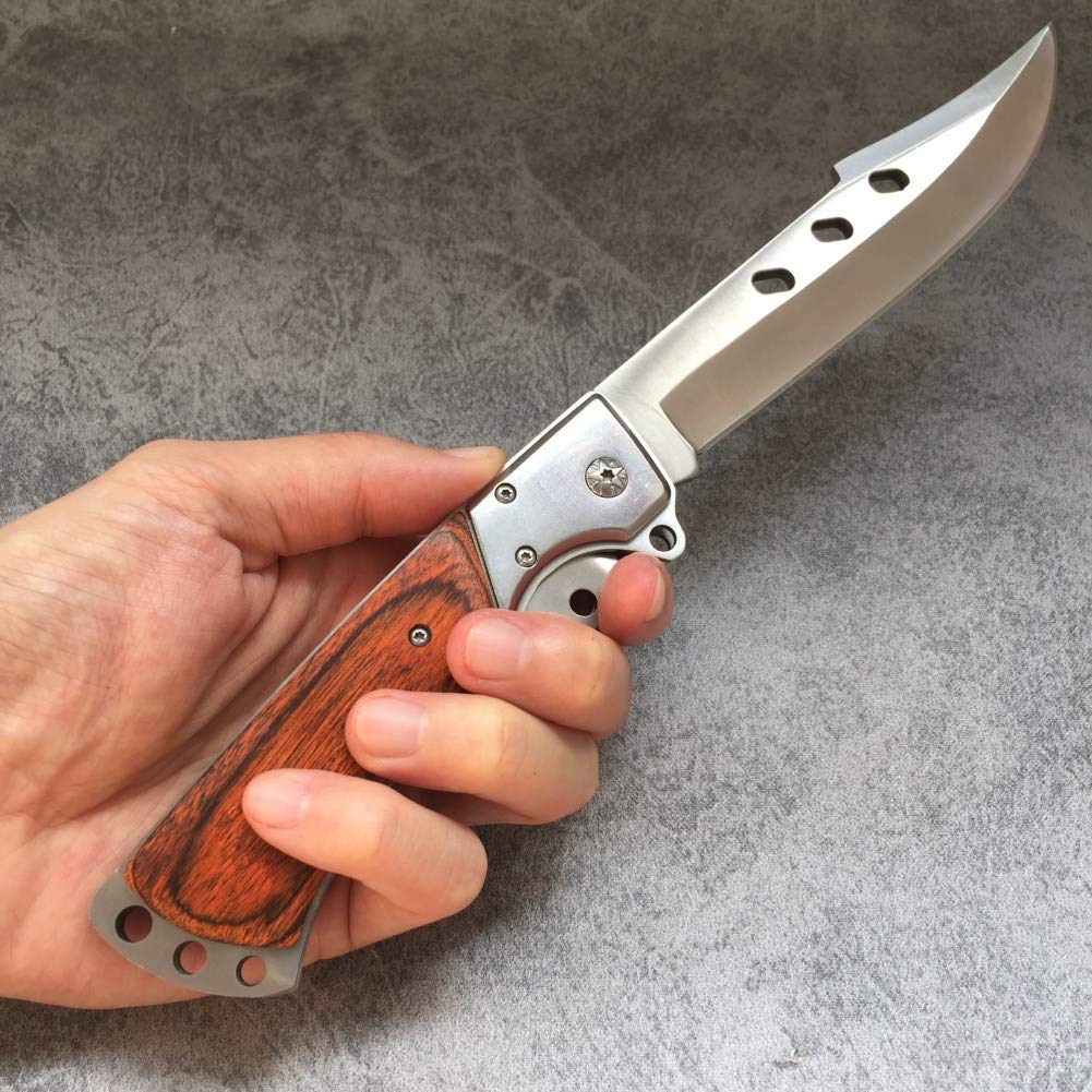 XHM Awesome Folding Knife Large 10.8-inch, Pocket Knives for Men, Hunting, Camping, Fishing, Survival, Hiking, Self Defense, Wood Handle (with Nylon Sheath)