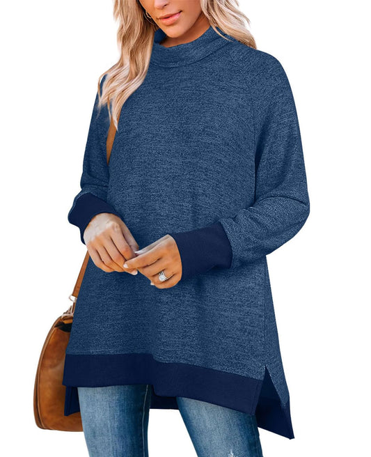 OFEEFAN Womens Tunic Sweatshirts Long Sleeve Turtle Neck Top Winter Navy Blue L
