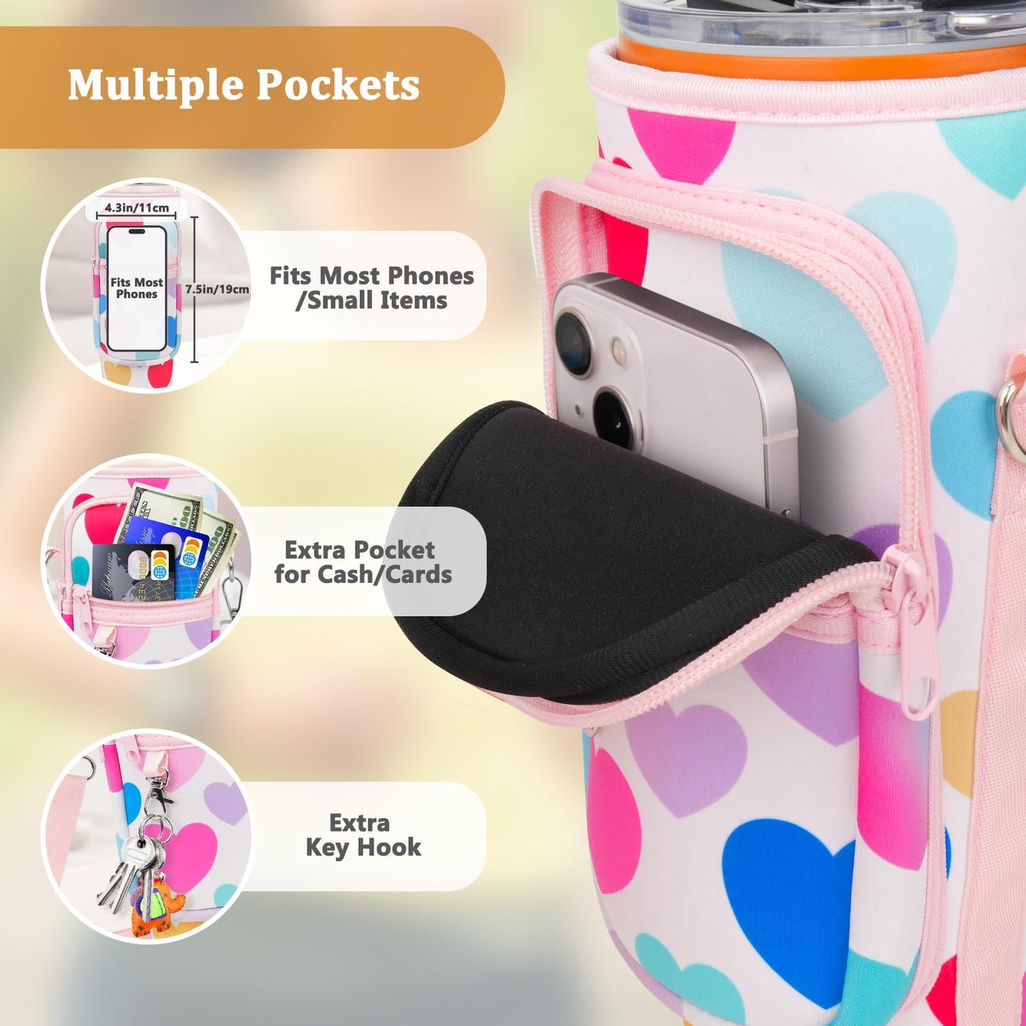 Water Bottle Carrier Bag with Phone Pocket Compatible with Stanley/Meoky 40 oz Tumbler with Handle,Neoprene Water Bottle Holder Pouch with Adjustable Strap Compatible with Stanley Cup Accessories