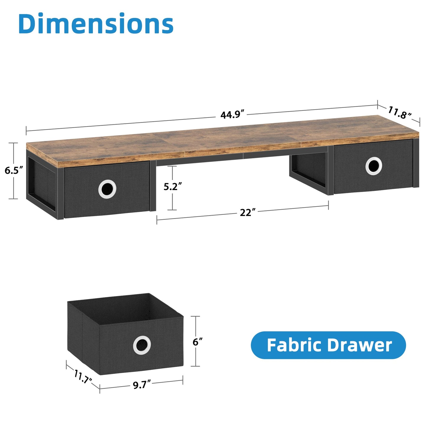 YAOHUOO 45" Large TV Riser with Fabric Drawers for 32-60 inch TV, TV Stand Riser with Steel Legs, Tabletop TV Riser Shelf, Monitor Stand Riser for Home Office, Rustic Brown