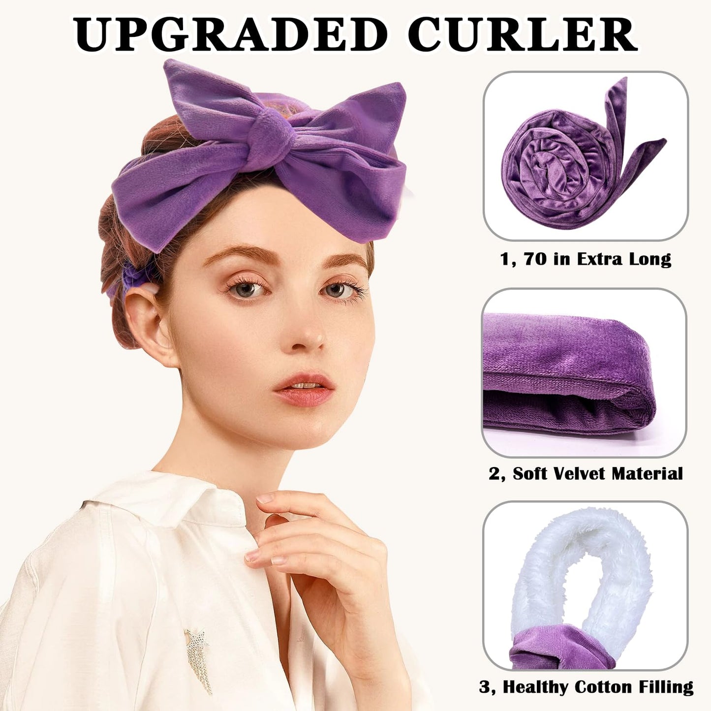 Gwabee No Heat Overnight Curls Headband to Sleep In, 70" Soft Ribbon Curl Wrap for Long Hair - 9 PCS Curling Rods Set with Bonnet, Purple