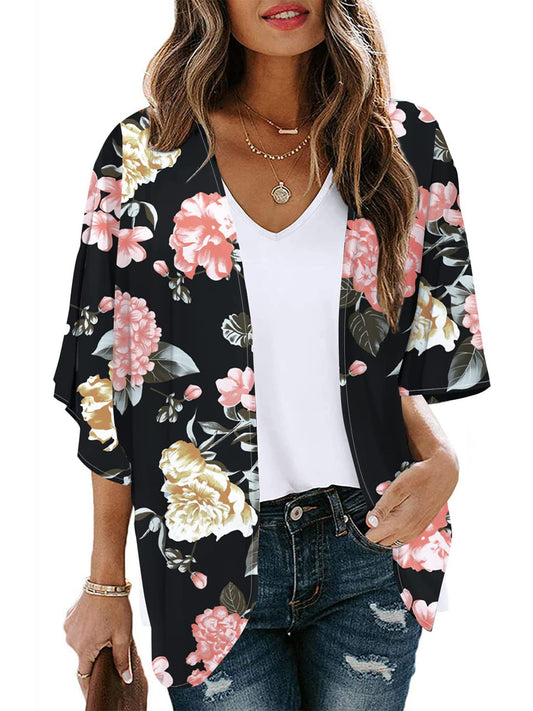 Chunoy Women Casual Summer Floral Print Short Sleeve Chiffon Sheer Kimono Cardigan Open Front Beach Wear Cover Up Black Small