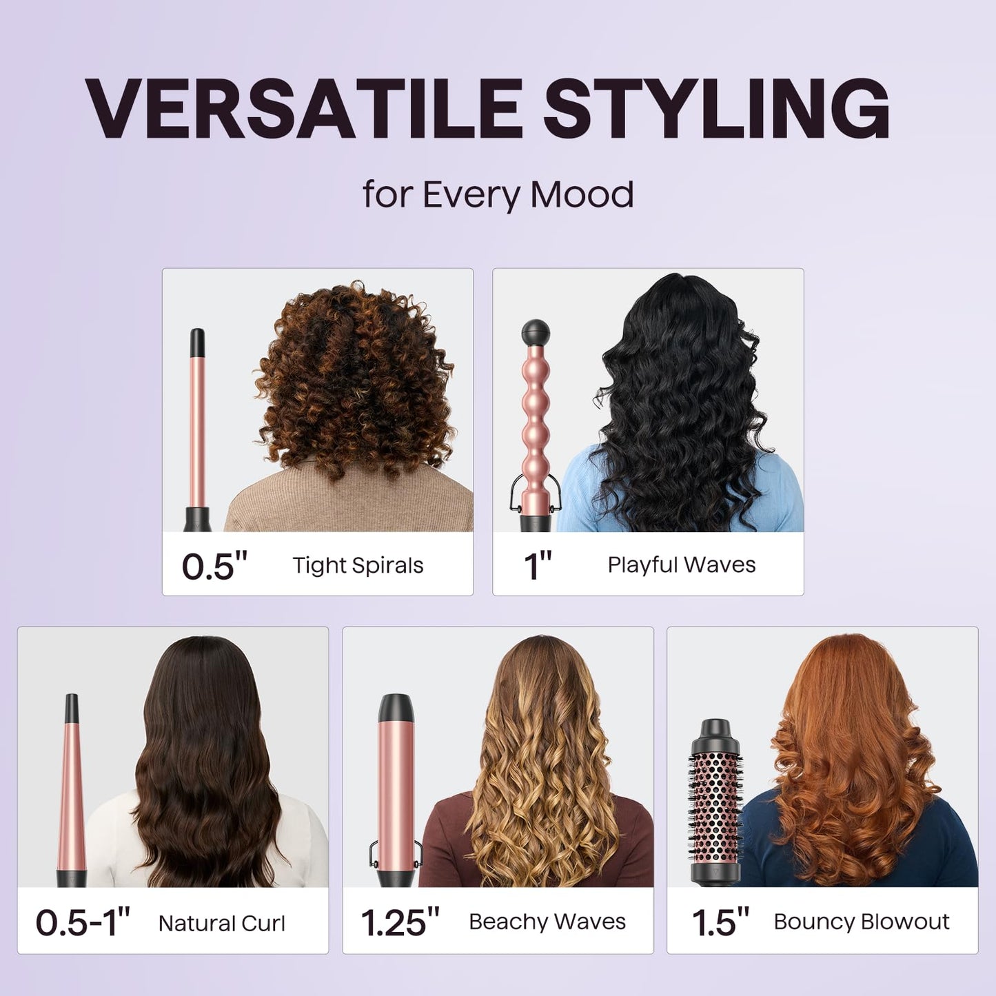 Wavytalk 5 in 1 Curling Wand Set, Multi Curl, Curling Wand Set with Thermal Brush and 4 Interchangeable Ceramic Curling Wand(0.5”-1.25”), Instant Heat Up Wand Curling Iron (Rose Gold)