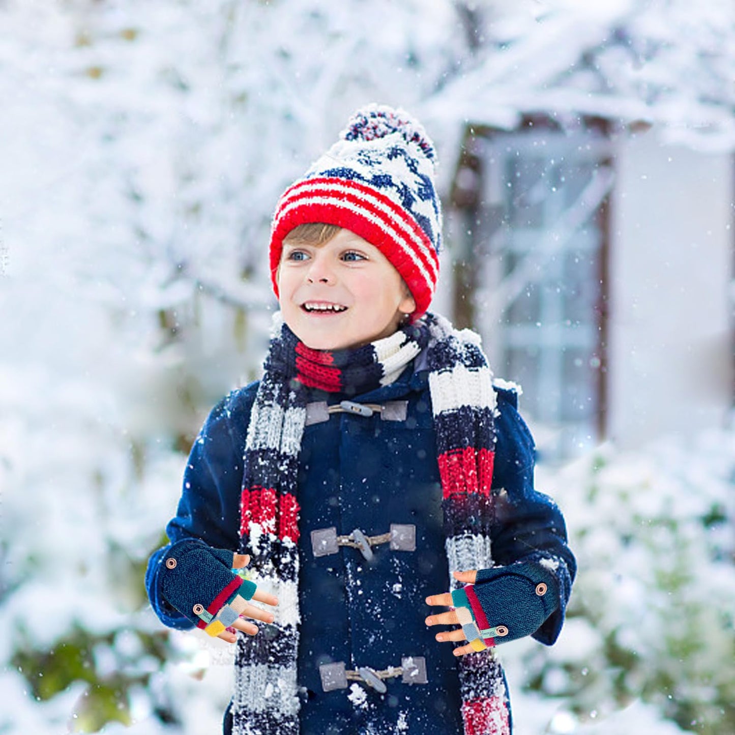 Kids Winter Gloves, Warm Knitted Convertible Fingerless Gloves for Baby Boy Girl with Mittens Cover Cap