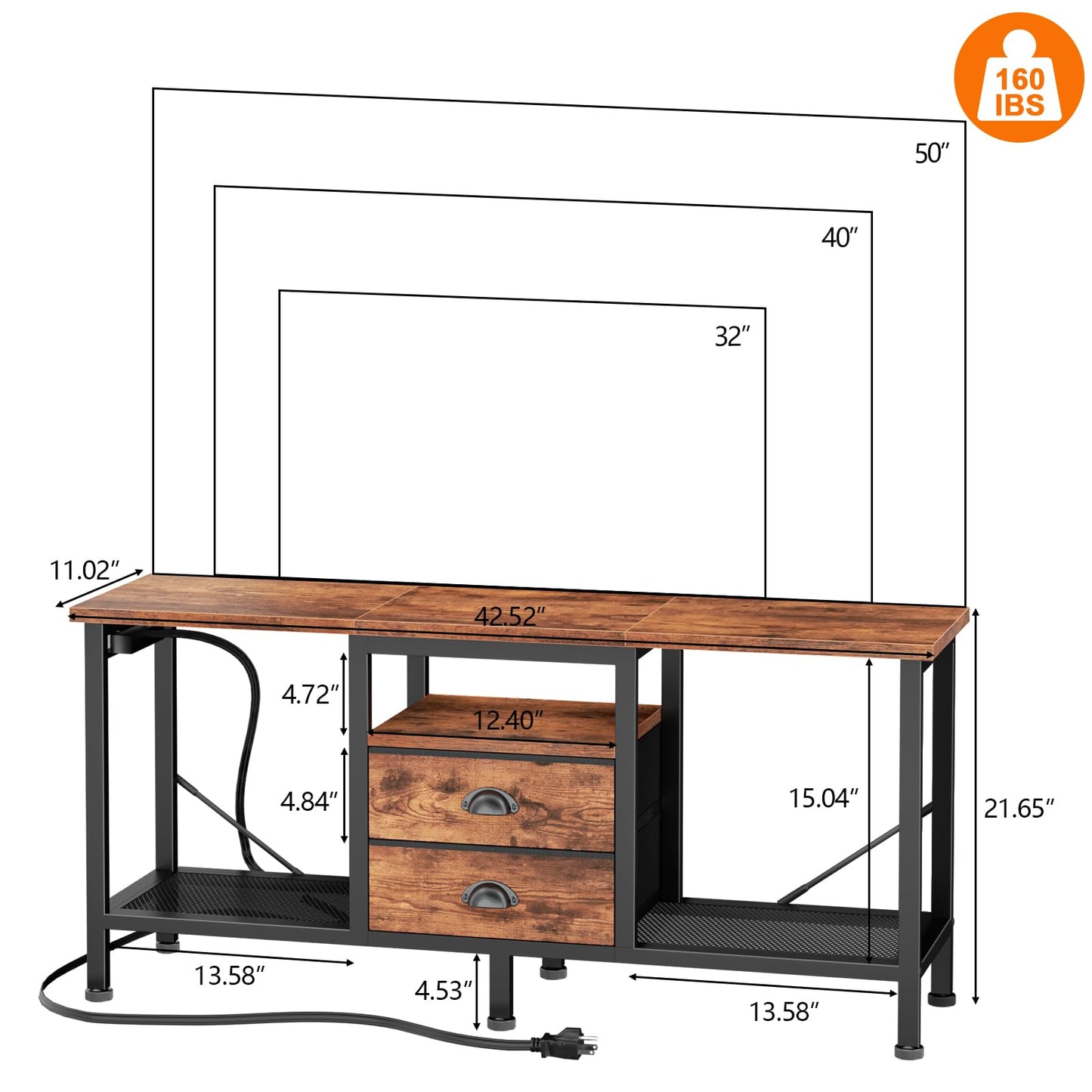 Furologee TV Stand with Power Outlets and 2 Fabric Drawers, 42 Inch Small Entertainment Center with Open Storage Shelves, Simple TV Console Table for Bedroom, Living Room, Rustic Brown