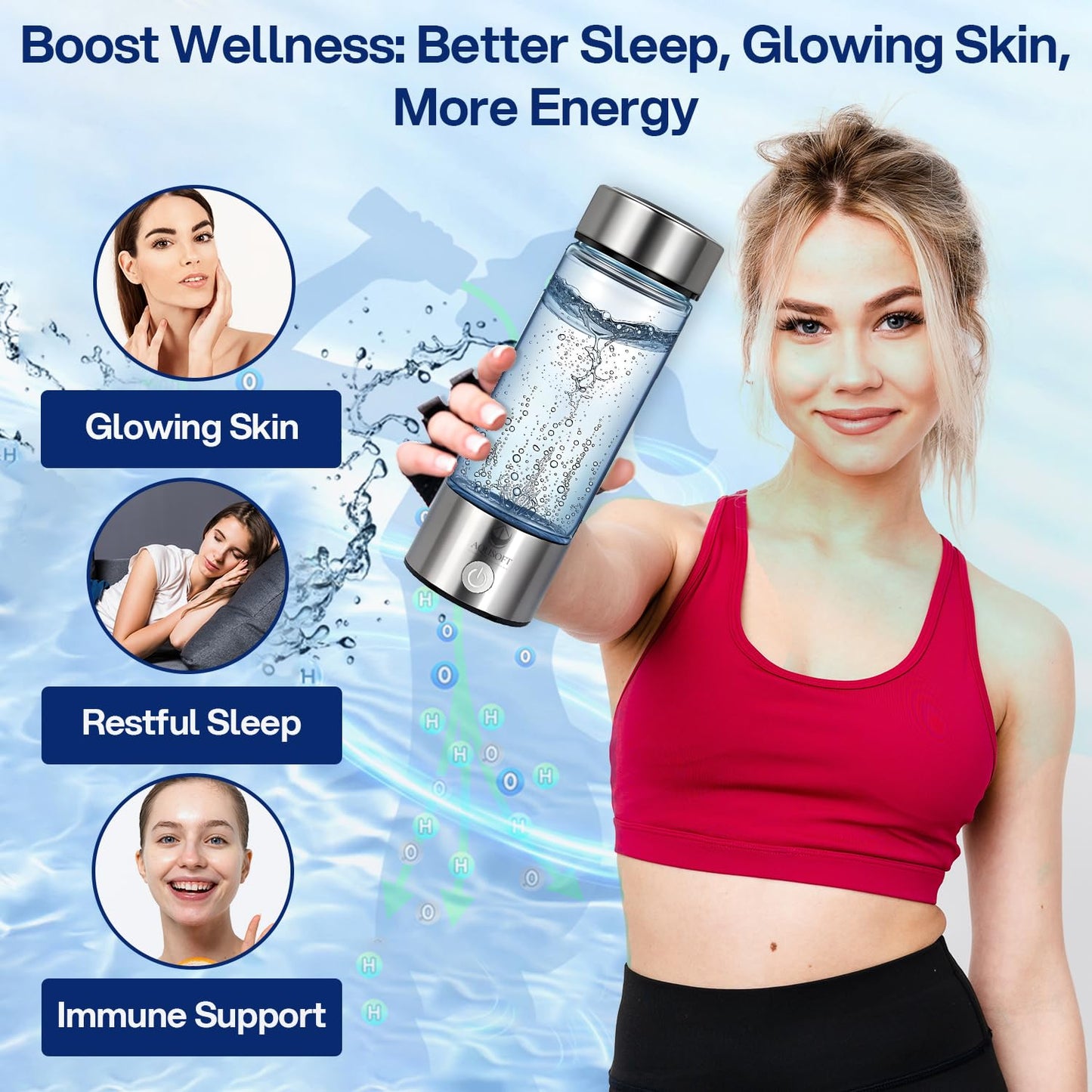 AQUSOFT Portable Alkaline Hydrogen Water Bottle with SPE PEM Technology | Type-C USB Rechargeable 1600 PPB Hydrogen Rich Water in 3 Minutes | Borosilicate Glass Water Cup | 2-in-1 Usage Modes | 420ml