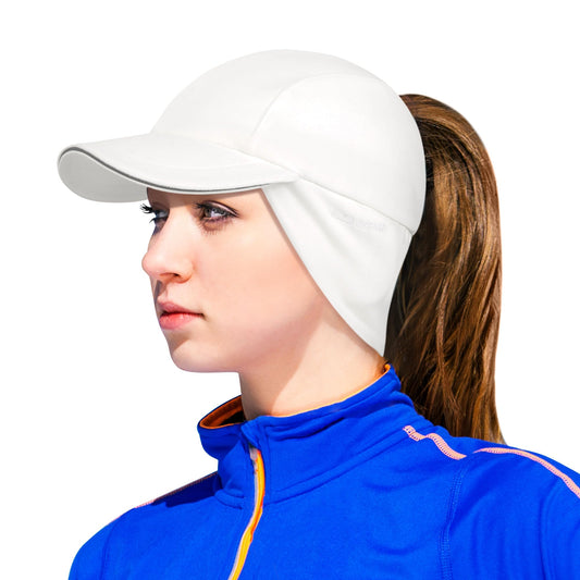 GADIEMKENSD Winter Running Baseball Cap Women Ponytail Beanie with Ear Warmer Hiking Hat Reflective Fleece Ball Cap Warm Ear Flaps Cold Weather for Hunting Snow Skiing Sports White