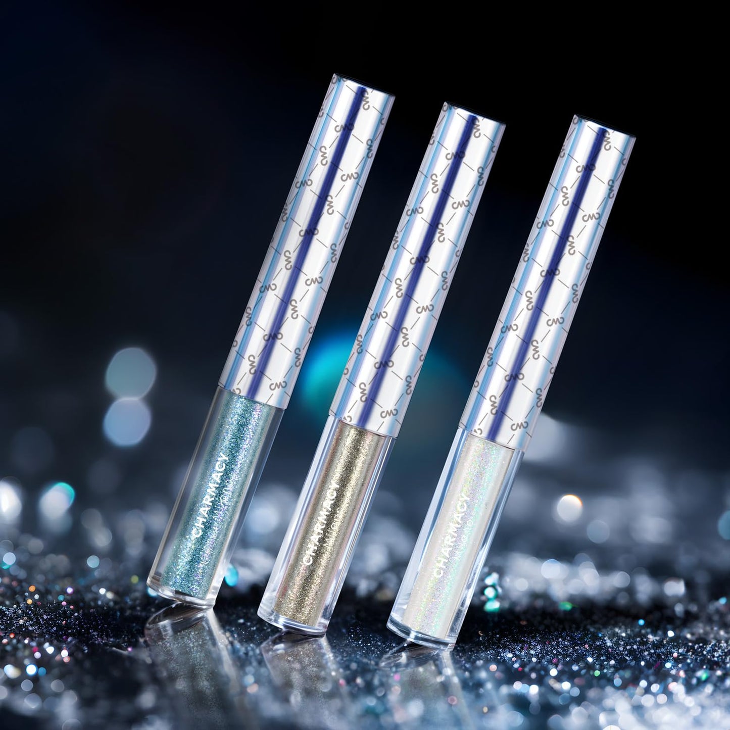 CHARMACY 3Pcs Liquid Glitter Eyeliner Set, Metallic Shimmer Glitter Eyeshadow, Lightweight Waterproof Texture, Long Wearing, Quick Drying, Colorful Sequins (Indigo Gold White Green)