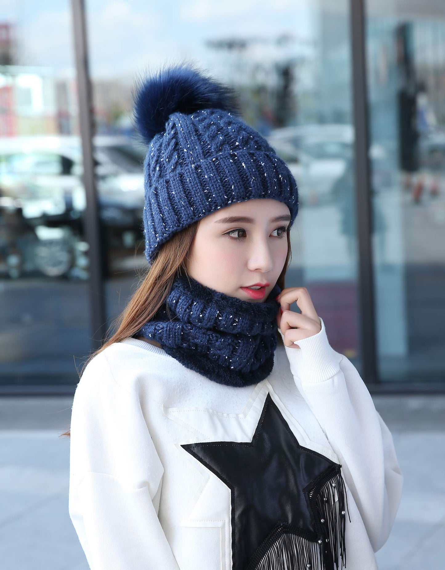 Home Prefer Womens Winter Beanie Hat Scarf Set Warm Fuzzy Knit Hat Neck Scarves (B-Navy Blue)