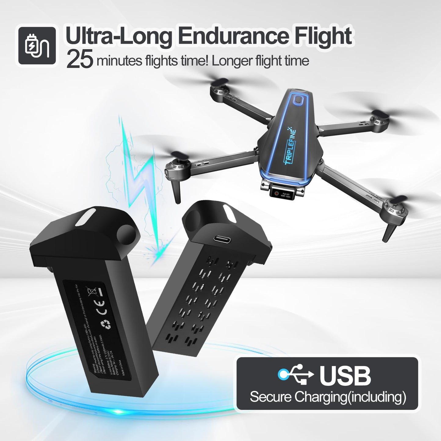 TRIPLEFINE TF770 Drone-with-Camera 1080P, 2 Batteries 25 Mins Flight Time, Kids-Drone Gestures Selfie, Voice Control, One Key Off/Land, 3D Flips, Drones-for-Kids 8-12, Adults, Beginners