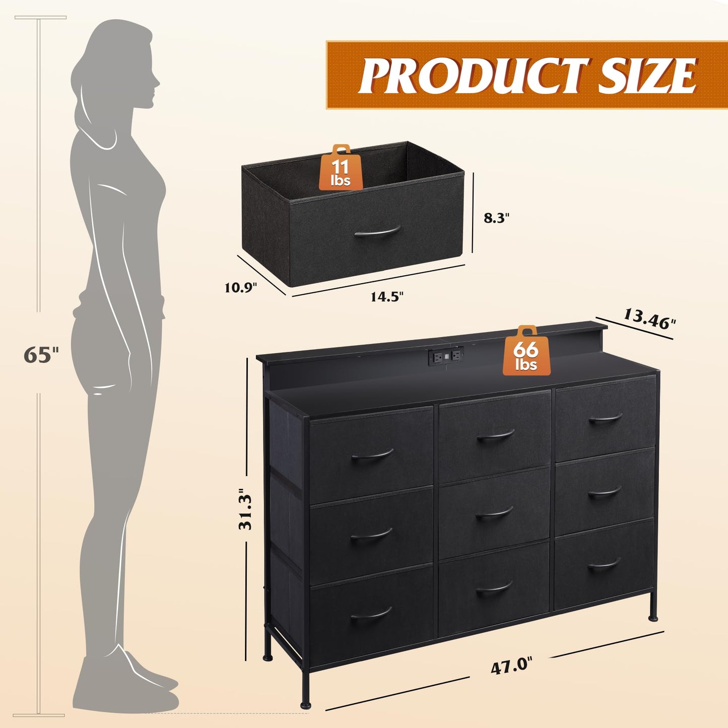 WLIVE Black Dresser TV Stand for 50, 55 inch, Led Dresser for Bedroom, Chest of Drawers with LED Lights, Charging Station, Clothes Storage with 9 Drawers, Wood Top, Living Room, Closet