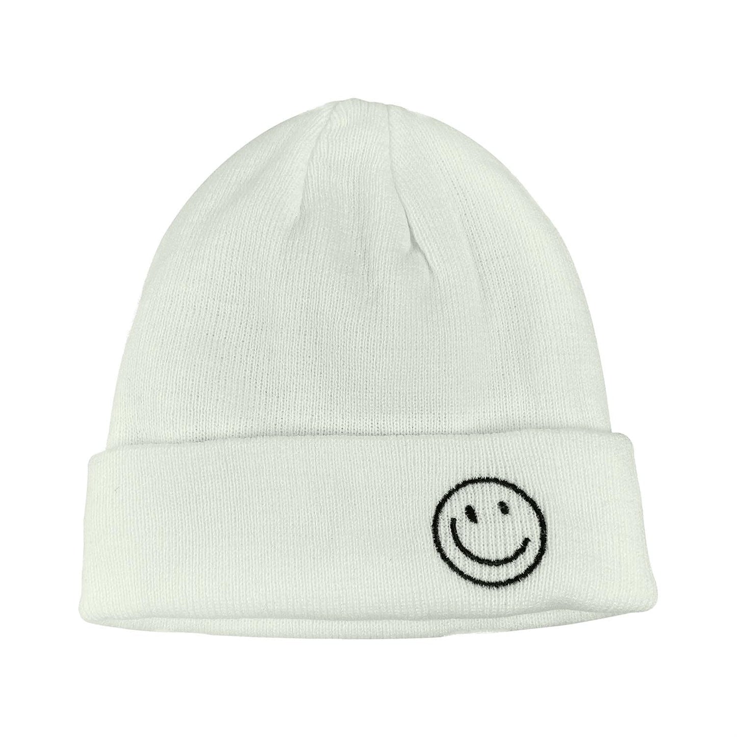 Croogo Winter Warm White Beanie Swag Knit Cuff Knitted Hat Smile Face Embroideried Fisherman Beanie Ski Caps,White-KH27