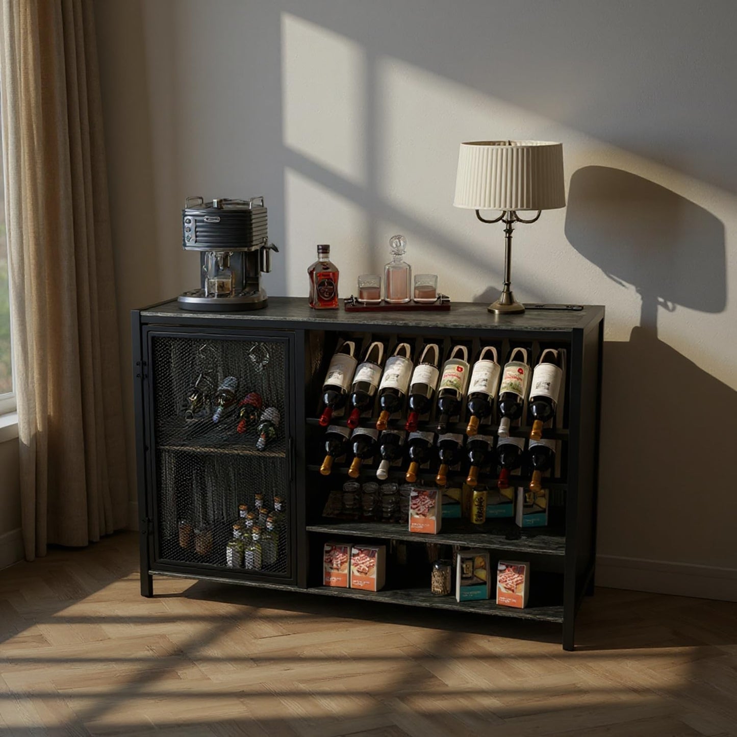 Wine Bar Cabinet with Socket and RGB Light, 47'' Home Coffee Bar Cabinet with Wine Rack and Glass Holder Buffet Sideboard TV Stand Liquor Cabinet for Living Room, Dining Room, Kitchen, Bar Grey