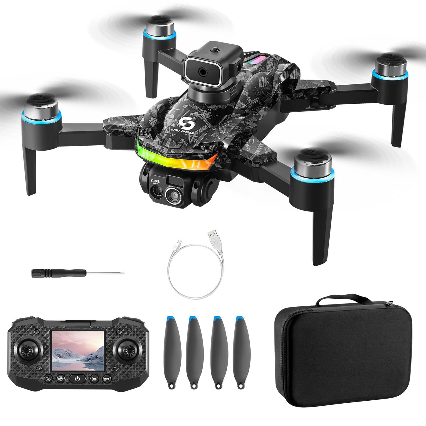 Remote with Screen Drone with Camera for Adult,1080P RC Drone with Flashing Lights,Smart Obstacle Avoidance FPV for Beginners with 8G Flashdrive and Card Reader
