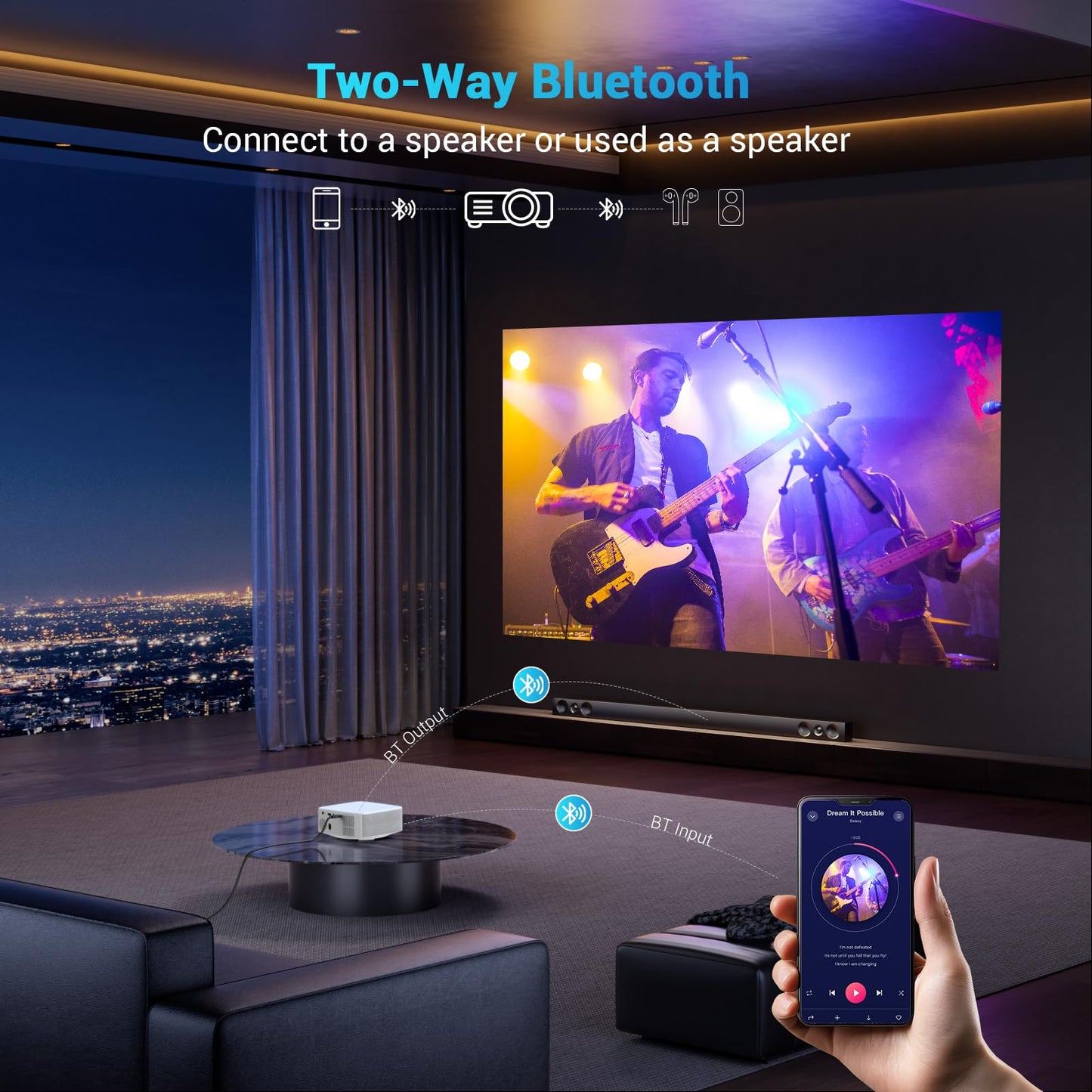 Portable Mini Projector with Electric Focus, NICPOW Full HD 1080P Projector, Bluetooth Movie Projector with Auto Keystone, Two-Way Bluetooth, Ideal for Indoor Outdoor Use, White