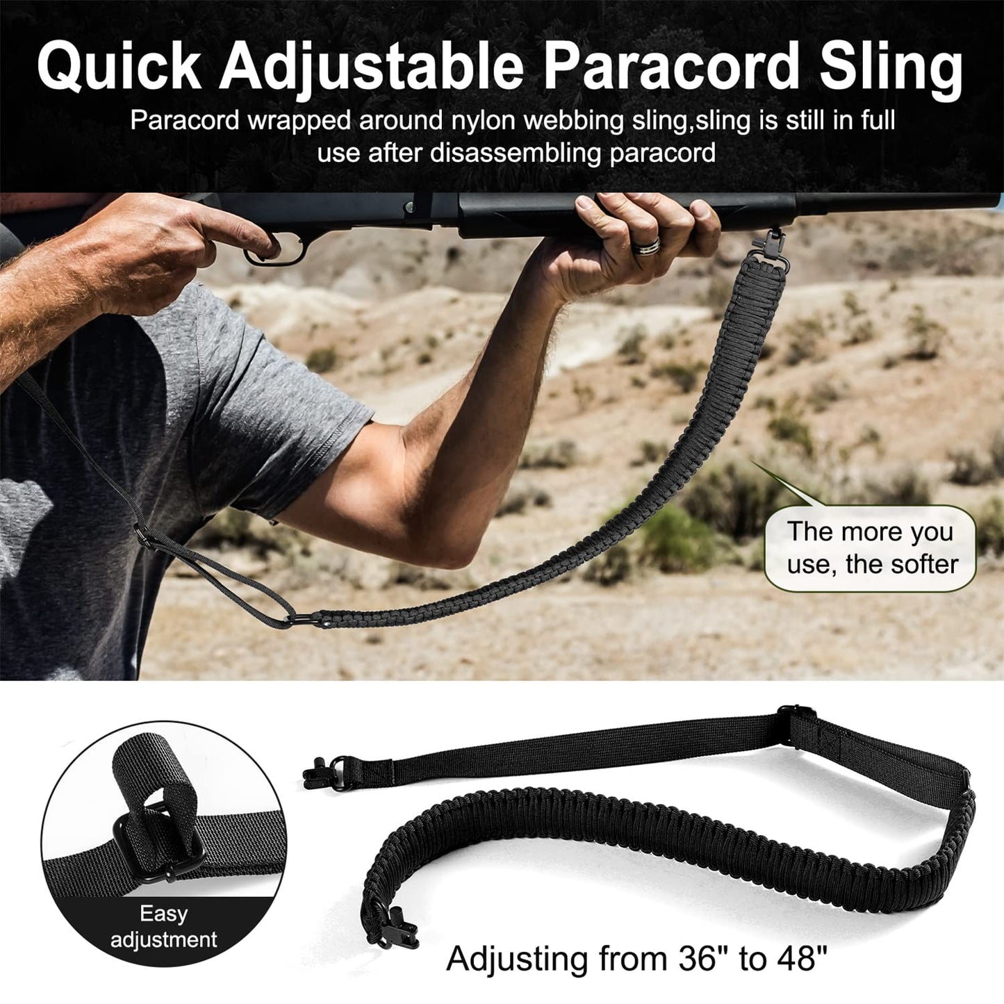 VVAAGG Two-Point Paracord Rifle Sling with Swivels, Non-Slip Paracord Sling Quick Adjustable Length Shotgun Strap for Hunting