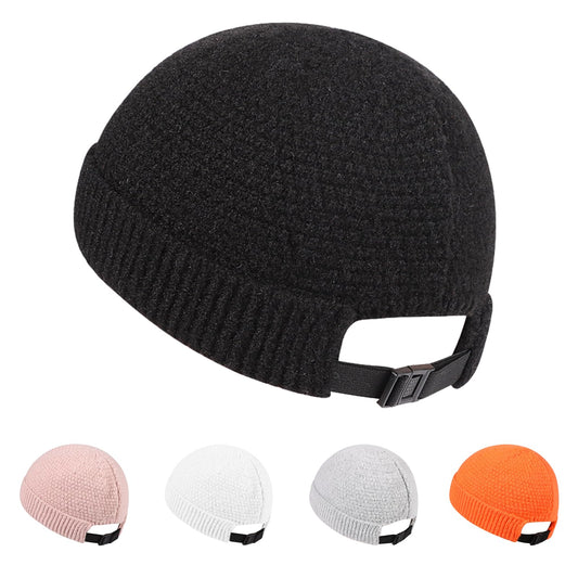 Mens Brimless Hats Docker Beanie Skull Caps Unisex Winter Warm Beanie Adjustable Leather Buckle Street (A~Black)