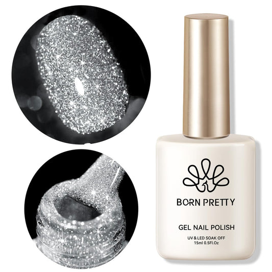 Born Pretty Silver Gold Reflective Glitter Gel Nail Polish Set for Christmas Nails Holographic Sparkle Glitter Gel Flash Soak Off Manicure Kit Gift