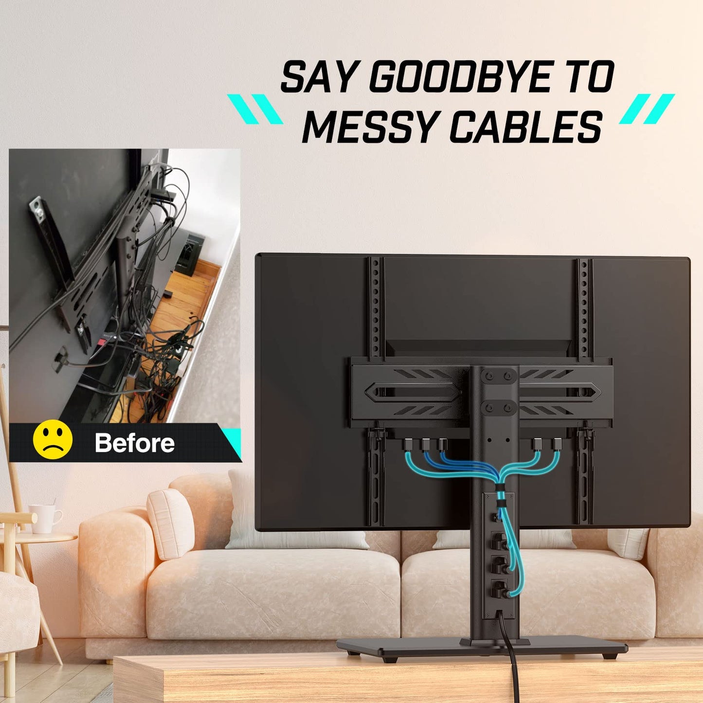 Greenstell TV Stand with Power Outlet, Universal TV Mount Stand for 27-65 inch TVs, Height Adjustable, Swivel Table Top TV Stand with Tempered Glass Base, Holds up to 88 LBs, Max VESA 400x400mm