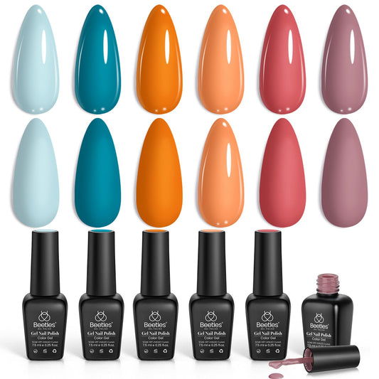 Beetles Fall Gel Nail Polish Set, Hotel California Collection Light Blue Orange Dusty Pink Gel Polish All Seasons Nail Art Manicure Kit Soak Off Uv LED Gel Gift for Girl Women