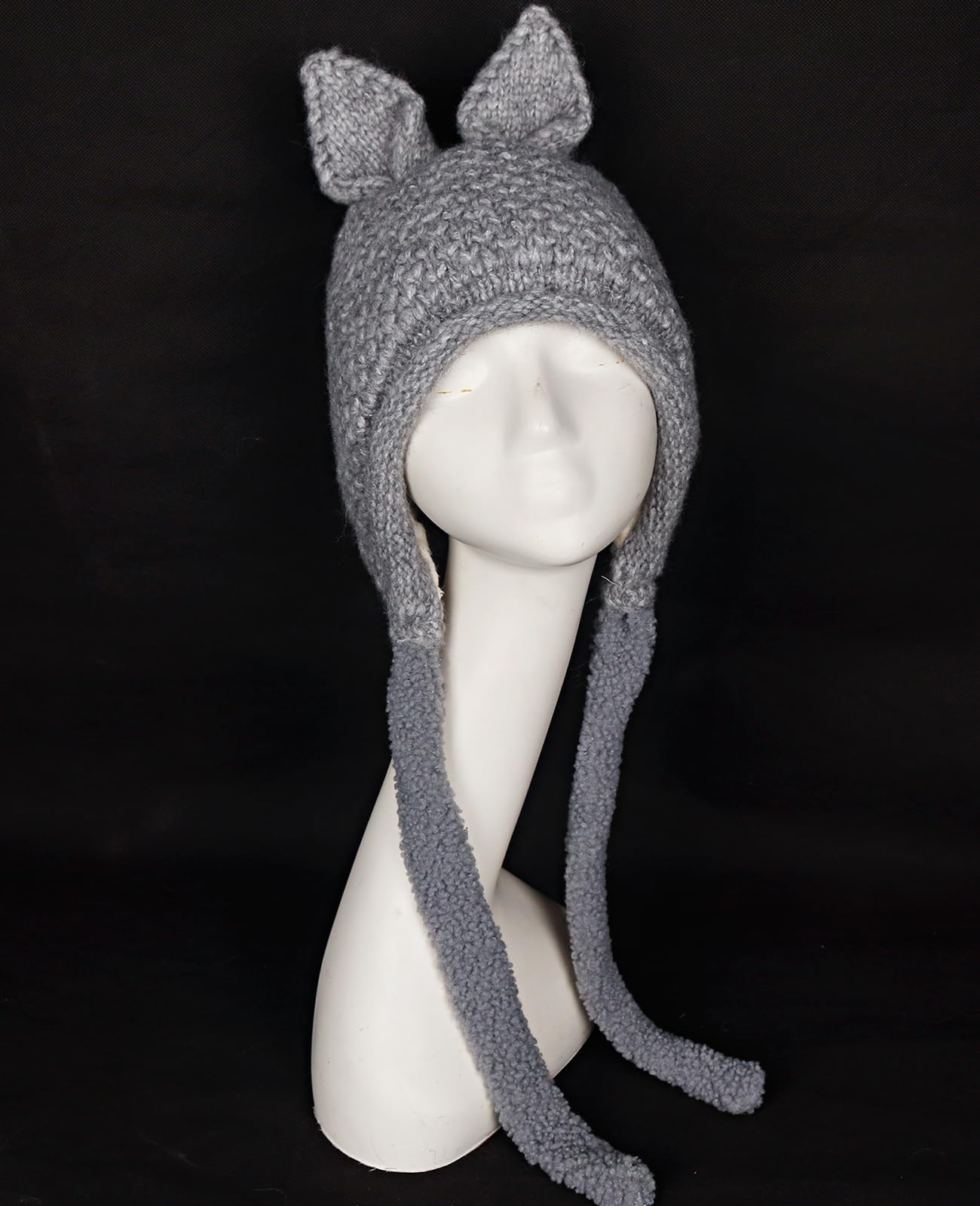 L'VOW Women Bunny Ears Beanie Winter Knitted Cute Ears Hat Plush Lined Winter Skull Hat Fun Ski Snow Cap with Straps(Gray)