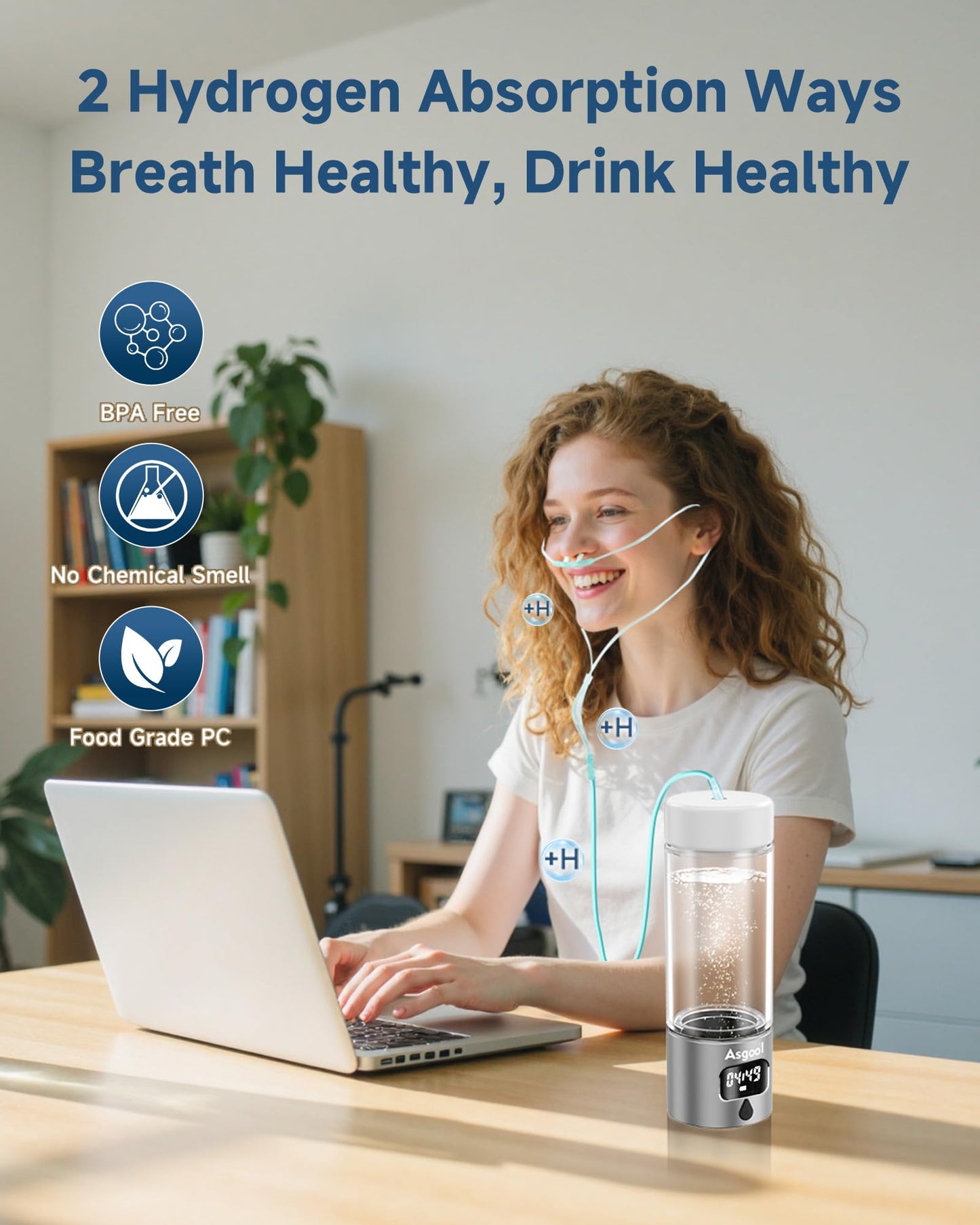 Hydrogen Water Bottle - Portable, Rechargeable, LED Timer, Aluminum and Glass, 5000 PPB Hydrogen in 10 Minutes, 340ml Capacity, FDA Certification, for Travel, Sports, Home, Office(Grey)