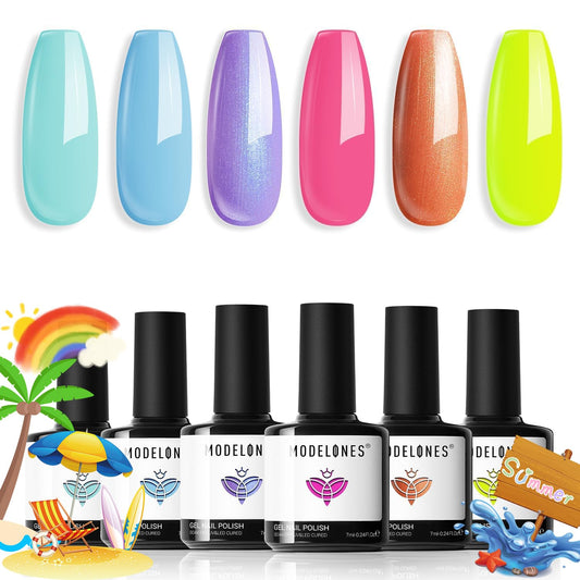 modelones Spring Gel Nail Polish, 6 Colors Tint Neon Hema Free Gel Polish Hot Pink Gittler Purple Blue Orange Yellow Gel Polish Soak Off Uv Led Gel Nail Art Manicure Gift for Girl Women