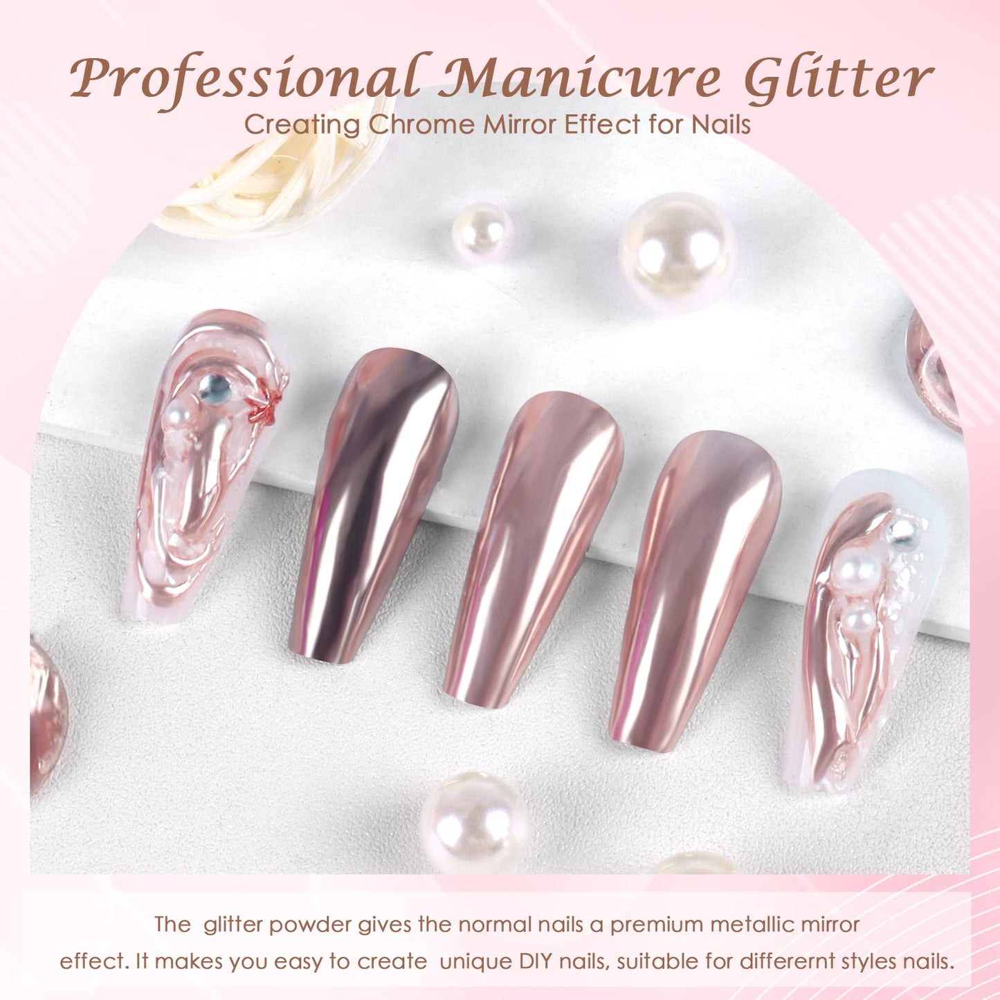 Laza Chrome Nail Powder Mirror Effect Metallic Dust Holographic Glitter Glazed Manicure Decoration Reflective Pigment for DIY Gel Polish Nail Art, Resin Craft, Gifts - Pink