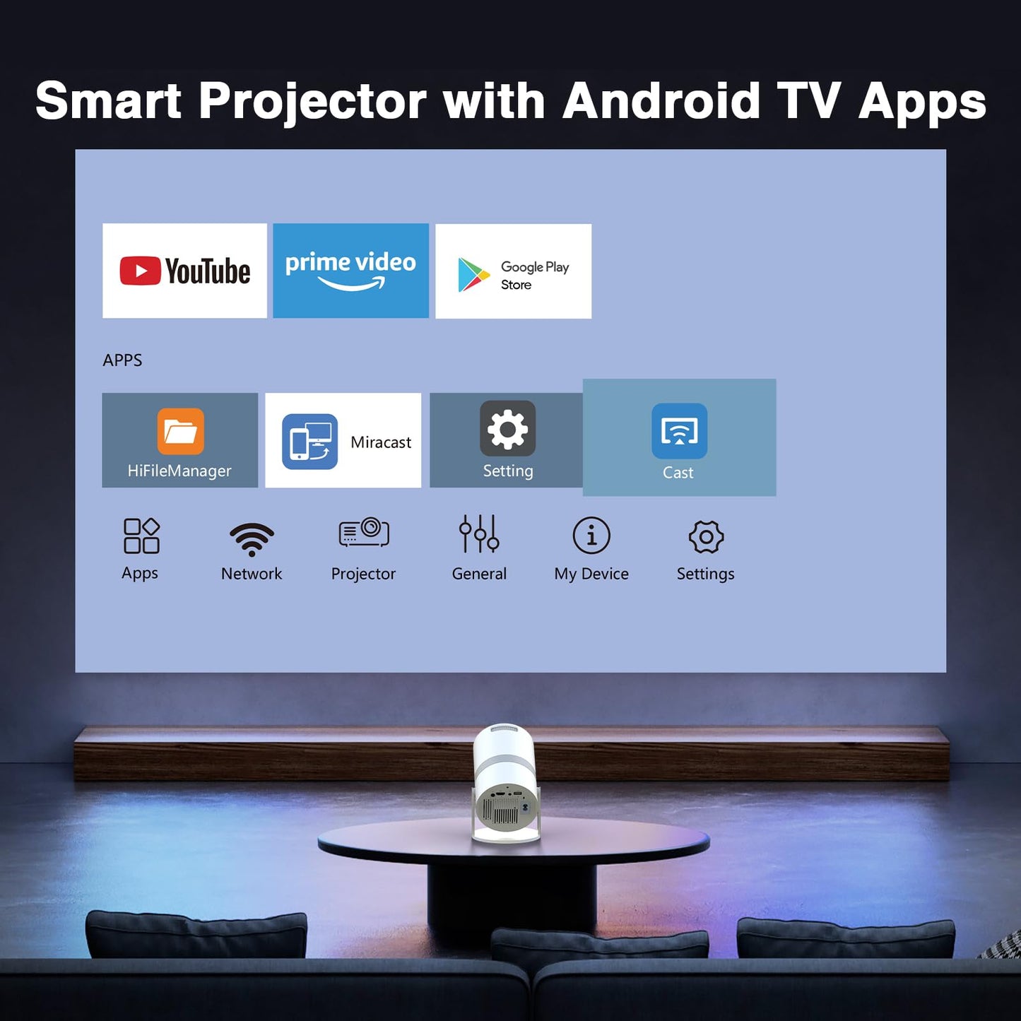 [Short Throw with Apps] PANSEBA Smart Mini Projector with WiFi 6 and Bluetooth, Auto Keystone Outdoor Movie Projector, Big Screen Home Portable Projector for Phone/TV Stick/Laptop/HDMI